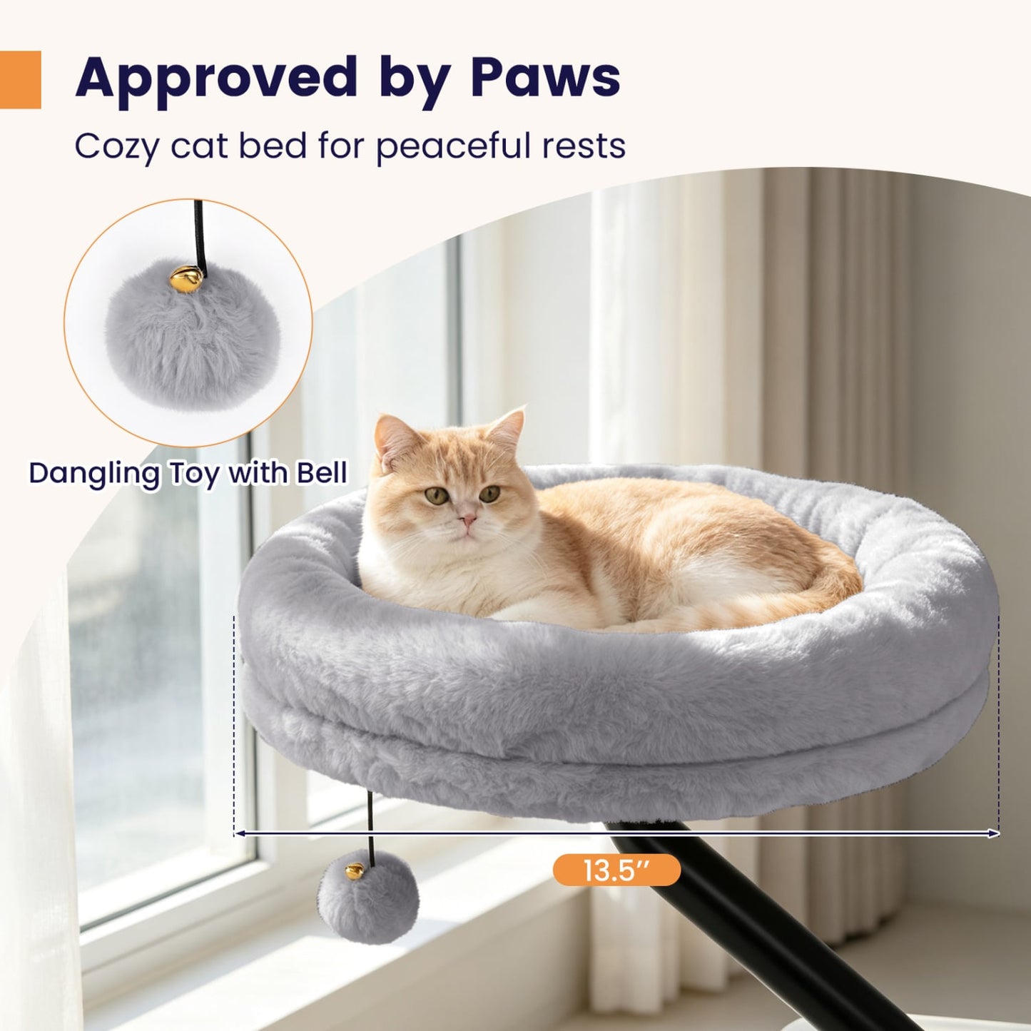 Lit de bureau pour chat rotatif à 360°, perchoir amovible, gris