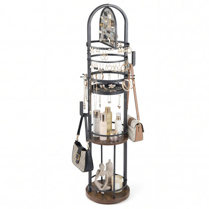360° Rotating Jewelry Storage Rack, 3 Shelves, Brown Jewelry Armoires Rustic Brown at Gallery Canada