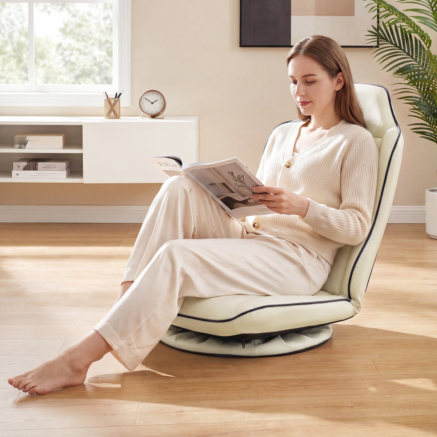 360° Swivel Floor Gaming Chair with 5-Level Adjustable Backrest, Beige Gaming Chairs at Gallery Canada