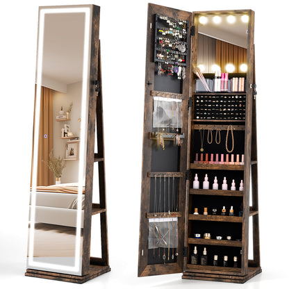 360° Swivel Freestanding Jewelry Cabinet, Lighted Full Length Mirror, Rustic Brown Jewelry Armoires at Gallery Canada