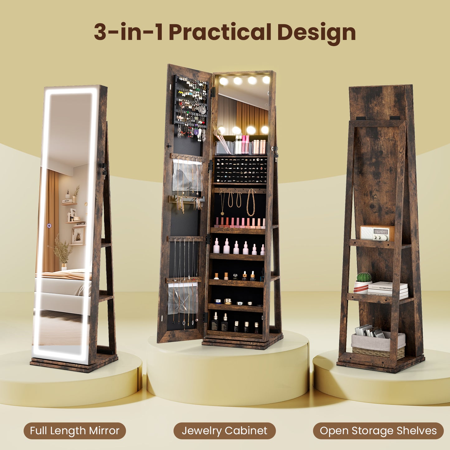 360° Swivel Freestanding Jewelry Cabinet, Lighted Full Length Mirror, Rustic Brown Jewelry Armoires at Gallery Canada