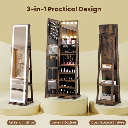 360° Swivel Freestanding Jewelry Cabinet, Lighted Full Length Mirror, Rustic Brown Jewelry Armoires at Gallery Canada