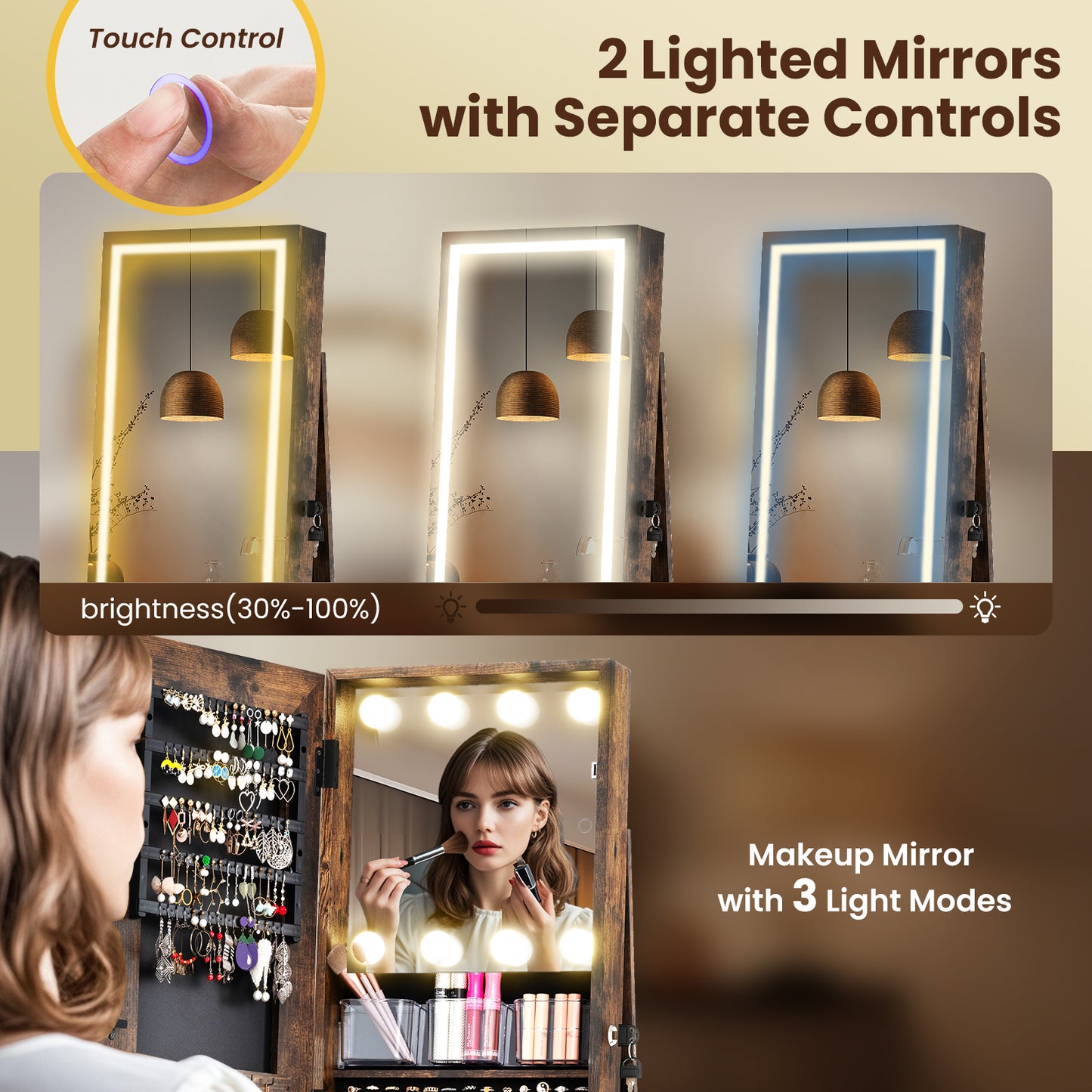 360° Swivel Freestanding Jewelry Cabinet, Lighted Full Length Mirror, Rustic Brown Jewelry Armoires at Gallery Canada