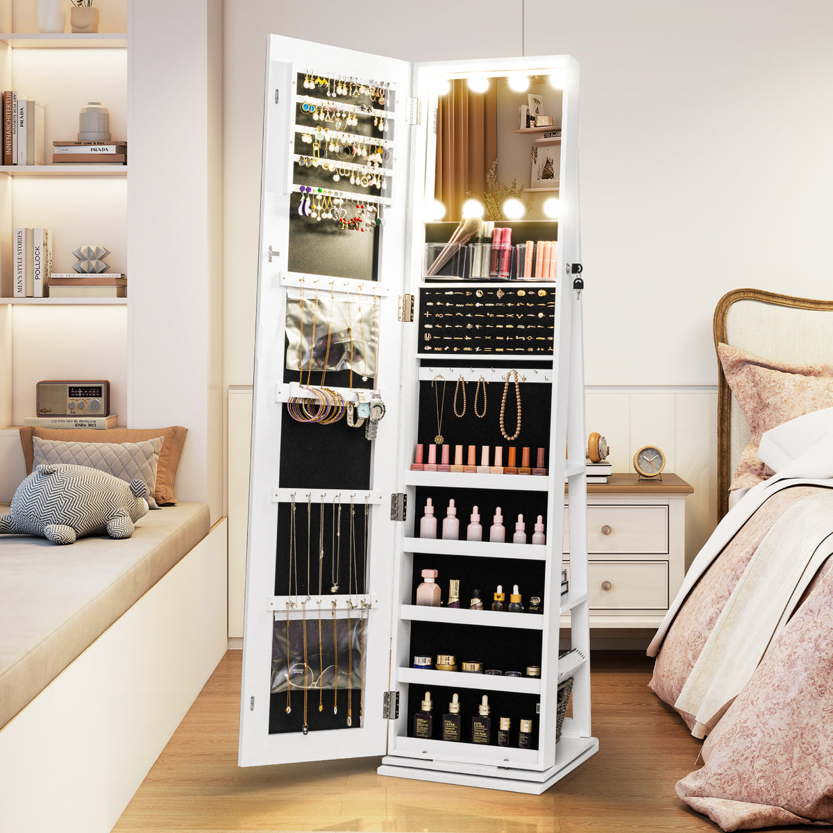 360° Swivel Jewelry Cabinet, With Lighted Full Length Mirror, White Jewelry Armoires at Gallery Canada