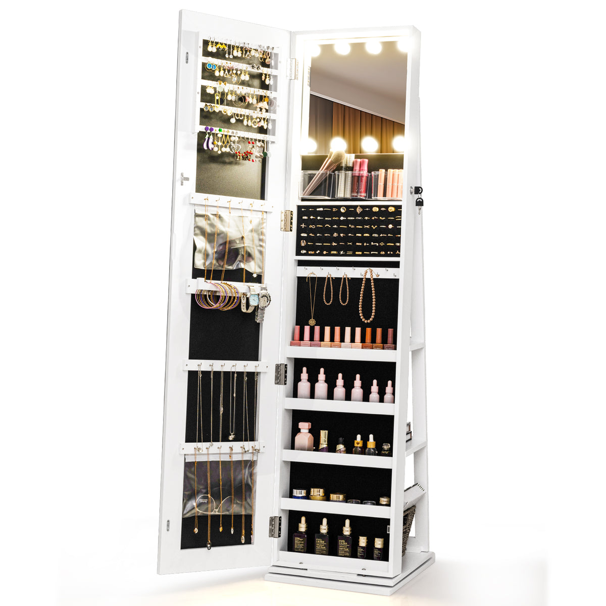 360° Swivel Jewelry Cabinet, With Lighted Full Length Mirror, White Jewelry Armoires at Gallery Canada