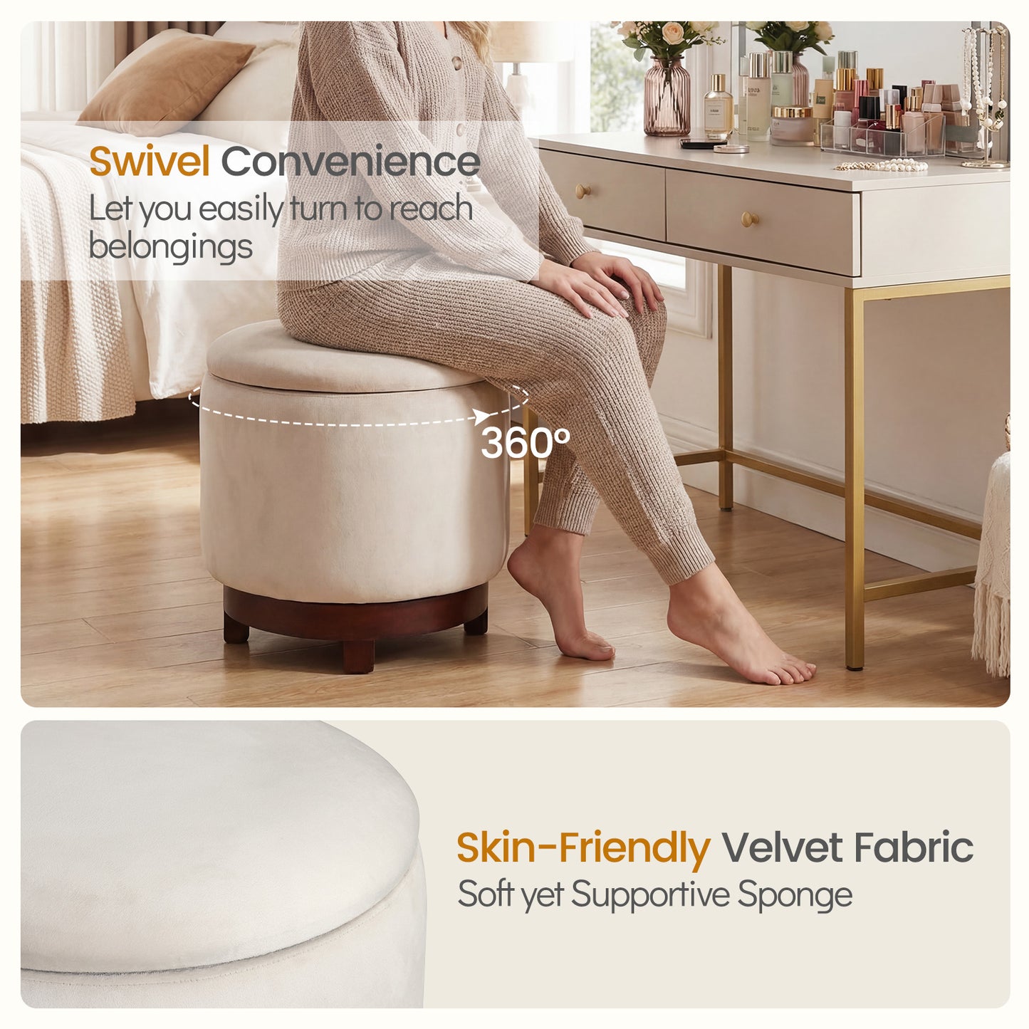 360° Swivel Velvet Foot Rest With Hidden Storage, White Ottomans at Gallery Canada