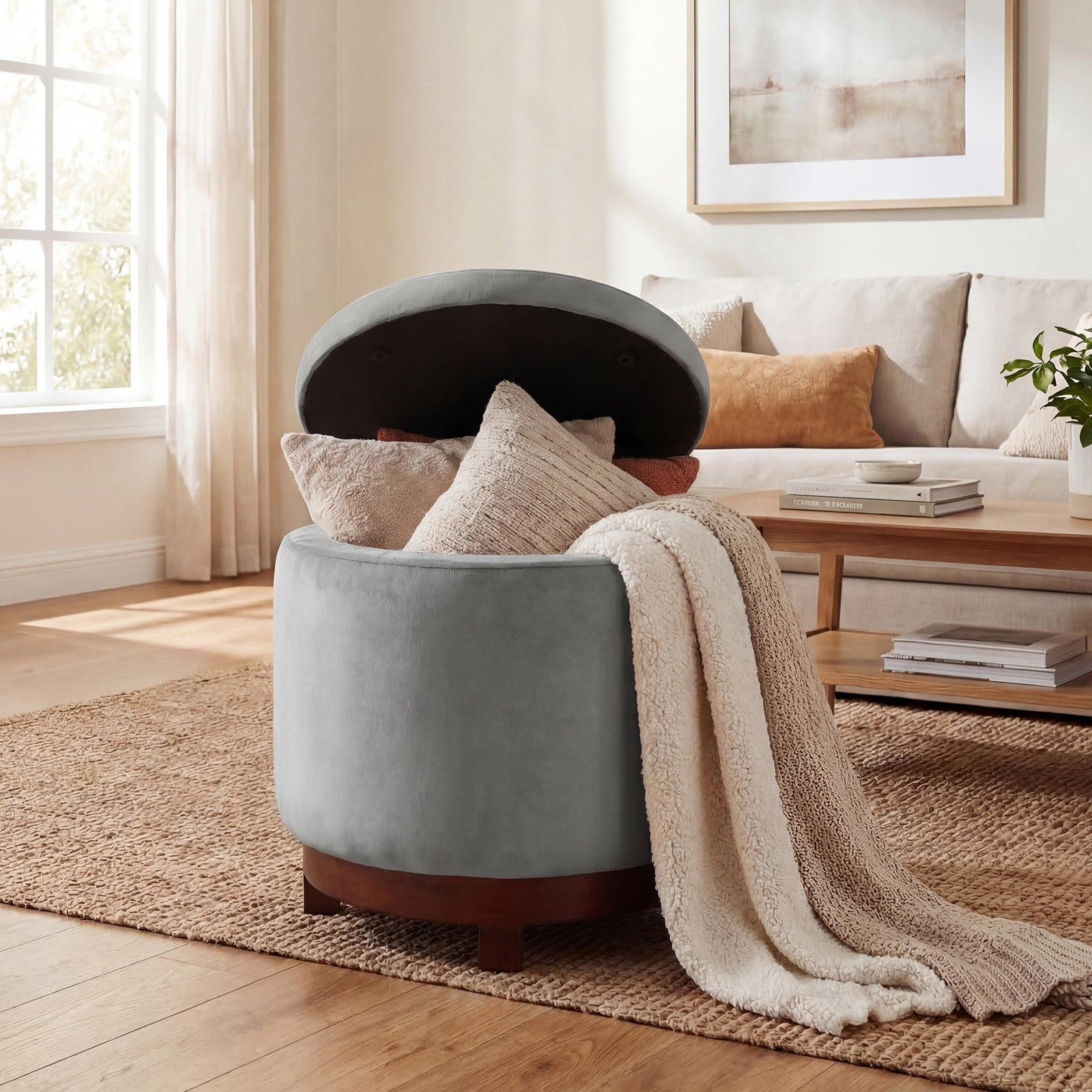 360° Swivel Velvet Foot Rest, Hidden Storage, Gray Ottomans at Gallery Canada