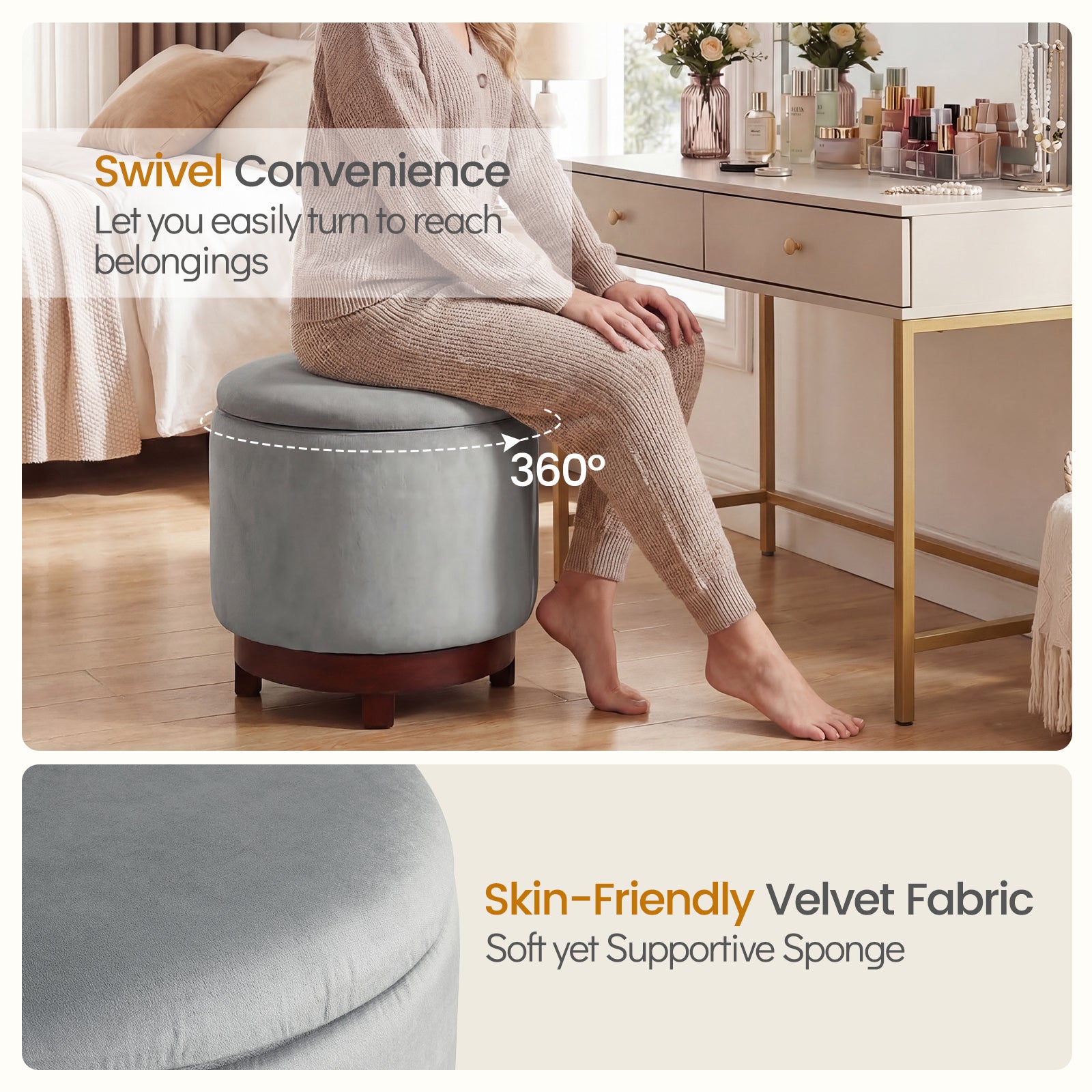 360° Swivel Velvet Foot Rest, Hidden Storage, Gray Ottomans at Gallery Canada