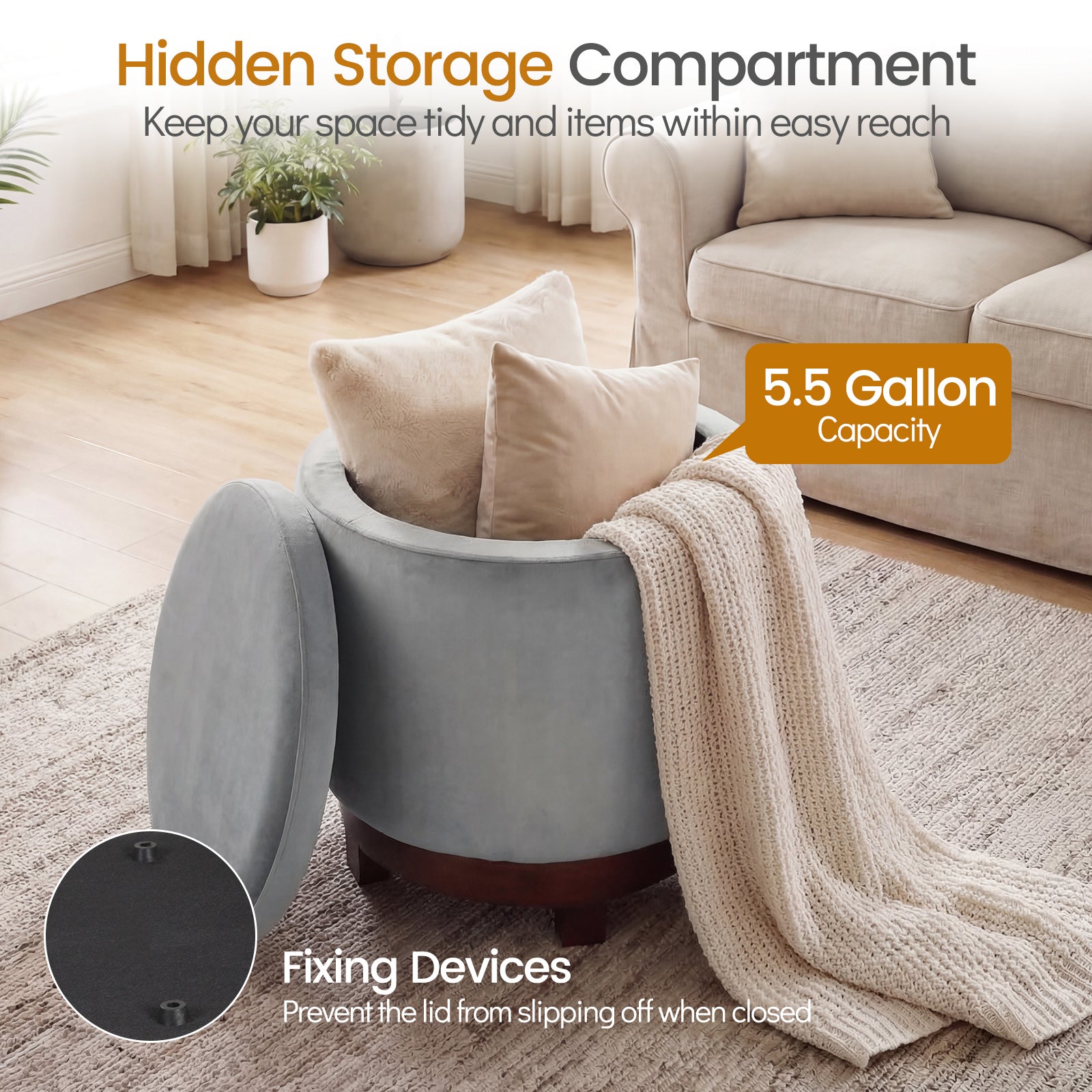 360° Swivel Velvet Foot Rest, Hidden Storage, Gray Ottomans at Gallery Canada