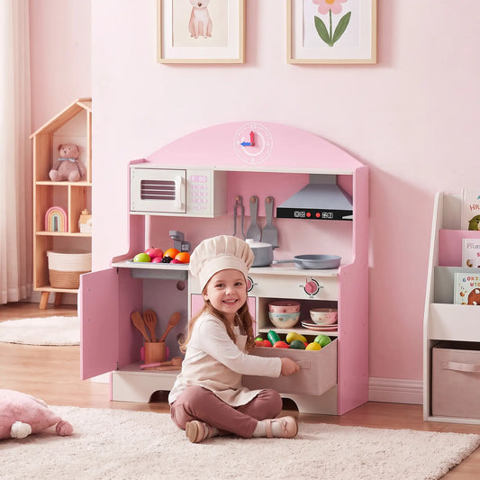 Kids Wooden Play Kitchen Set, Lights Sounds, 5pcs, Ages 3-6, Pink Play Kitchen Pink at Gallery Canada