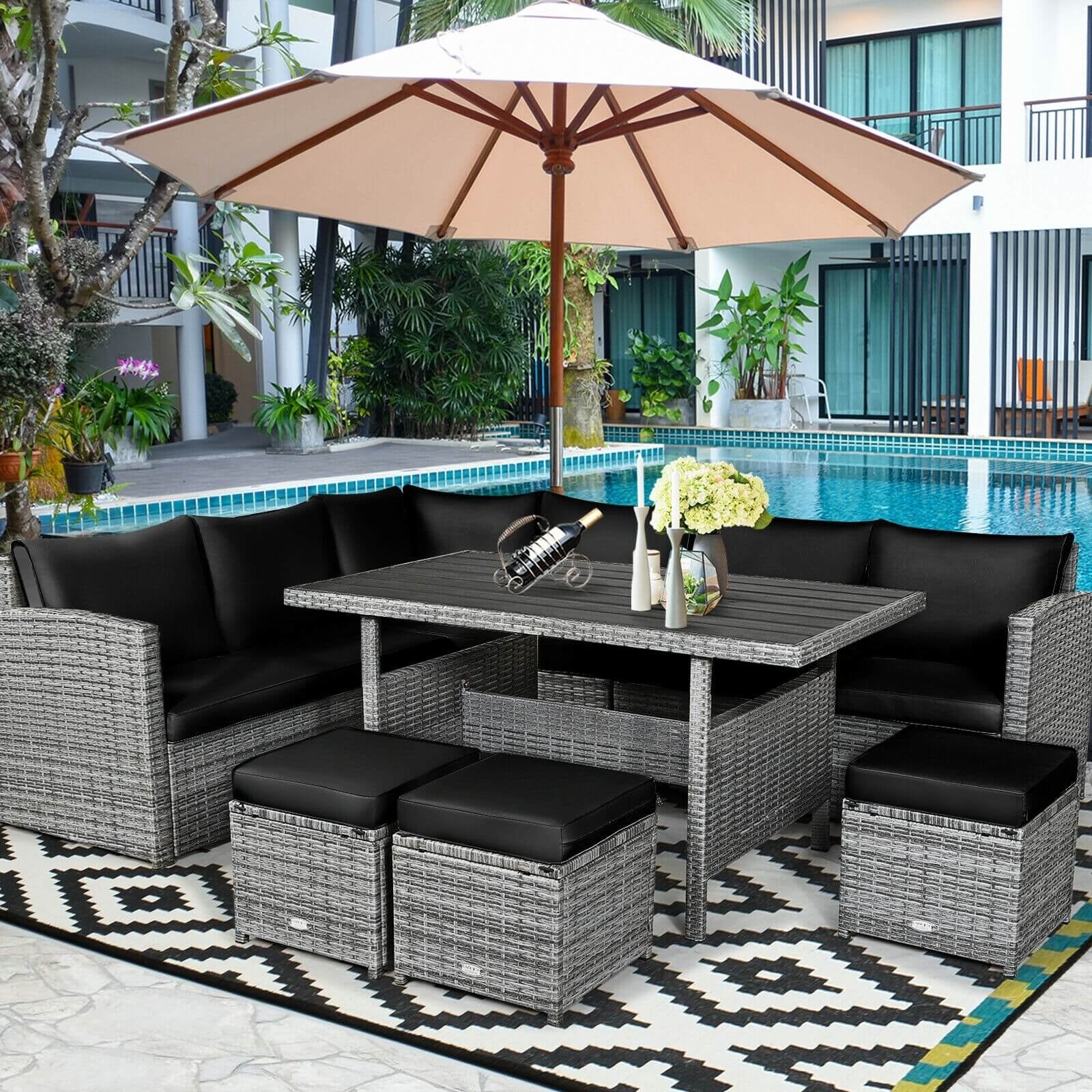 7-Piece Patio Rattan Dining Set, Sectional Sofa, Wicker Ottoman, Black Outdoor Sectionals at Gallery Canada