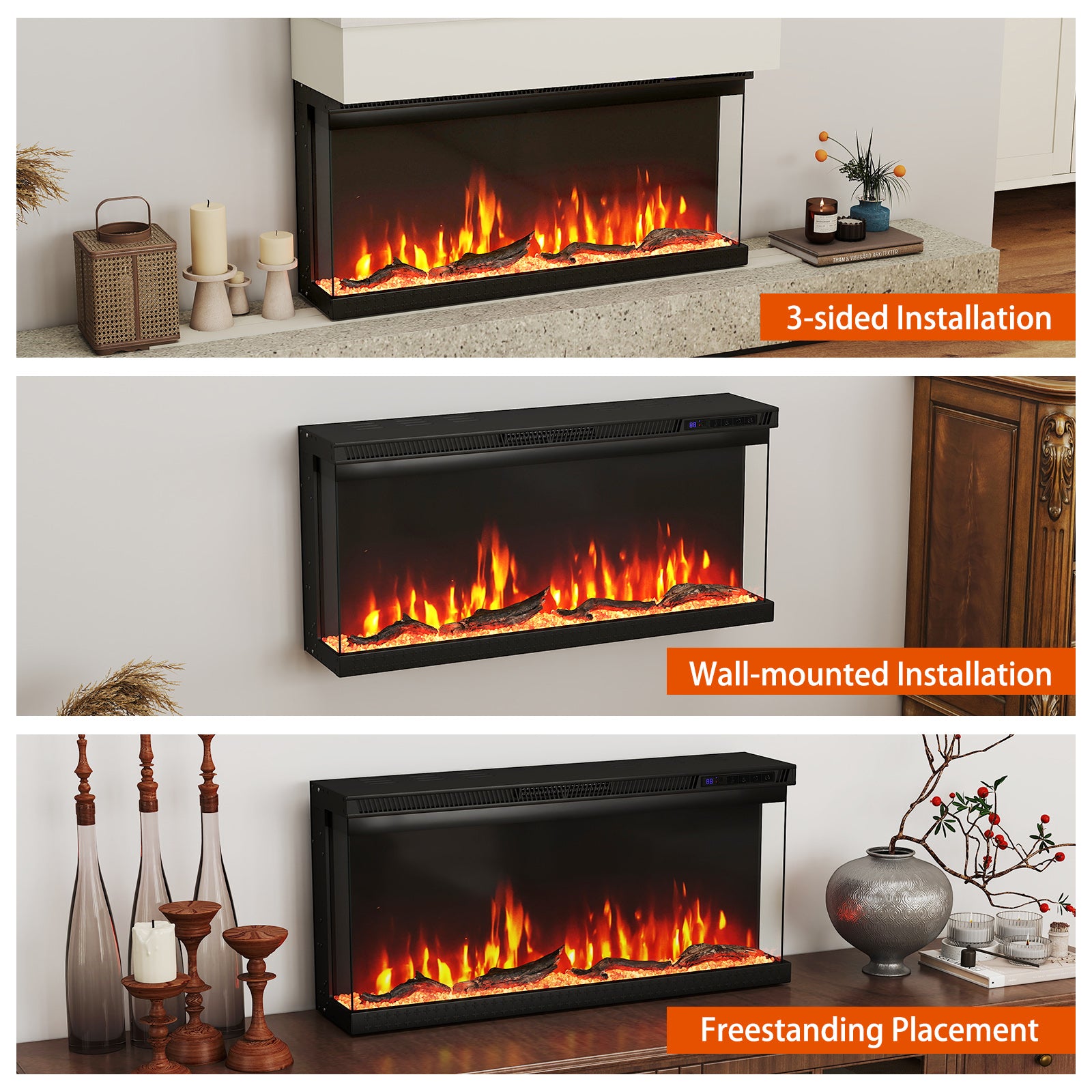 36 Inch Wide 3-Sided Electric Fireplace Insert, Remote Control, 12 Flame, Colors Appliances at Gallery Canada