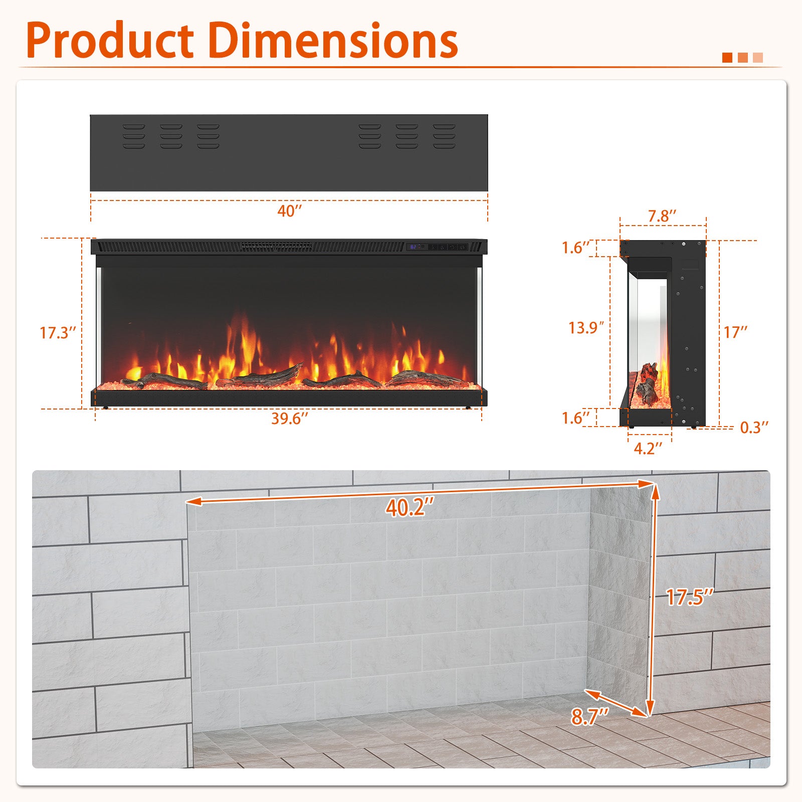 40 Inch Wide 3-Sided Electric Fireplace Insert, Remote Control, 12 Flame, Colors Fireplaces at Gallery Canada