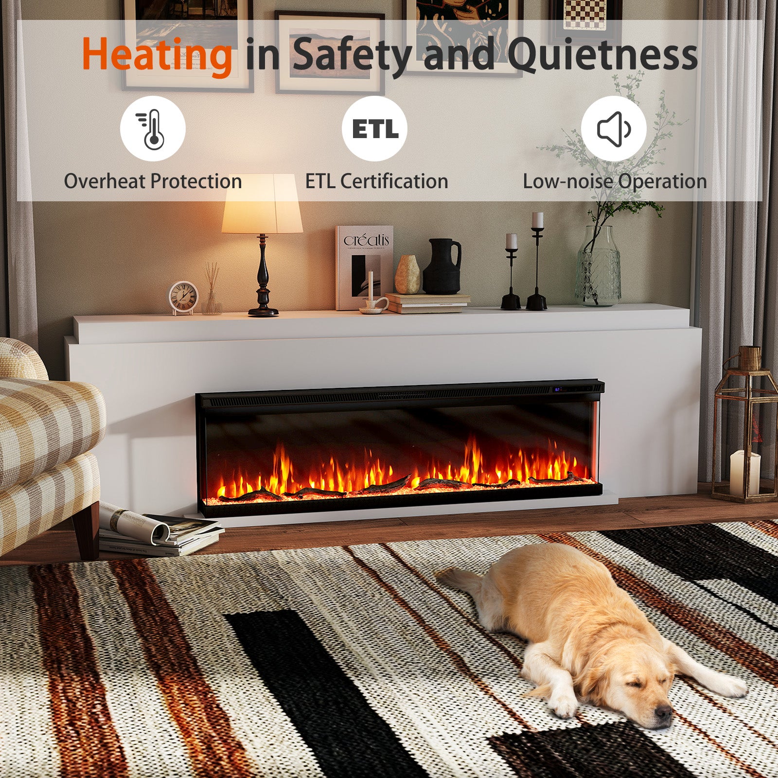 36/40/50/60 Inch Wide 3-Sided Electric Fireplace Insert with Remote Control and 12 Flame Colors-60 inch Fireplaces at Gallery Canada