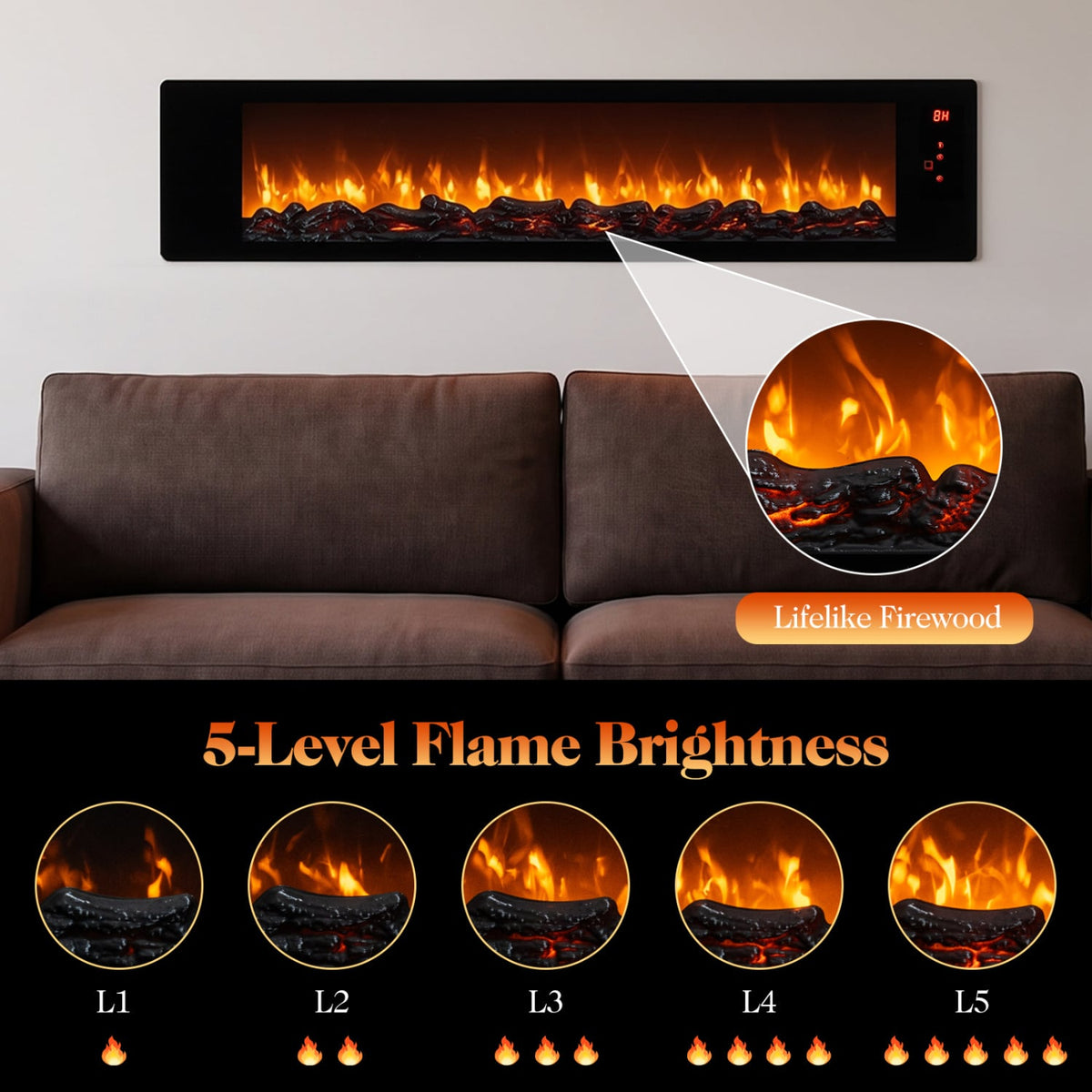 36" Electric Fireplace, 5-Level Brightness, Adjustable Speed Fireplaces at Gallery Canada