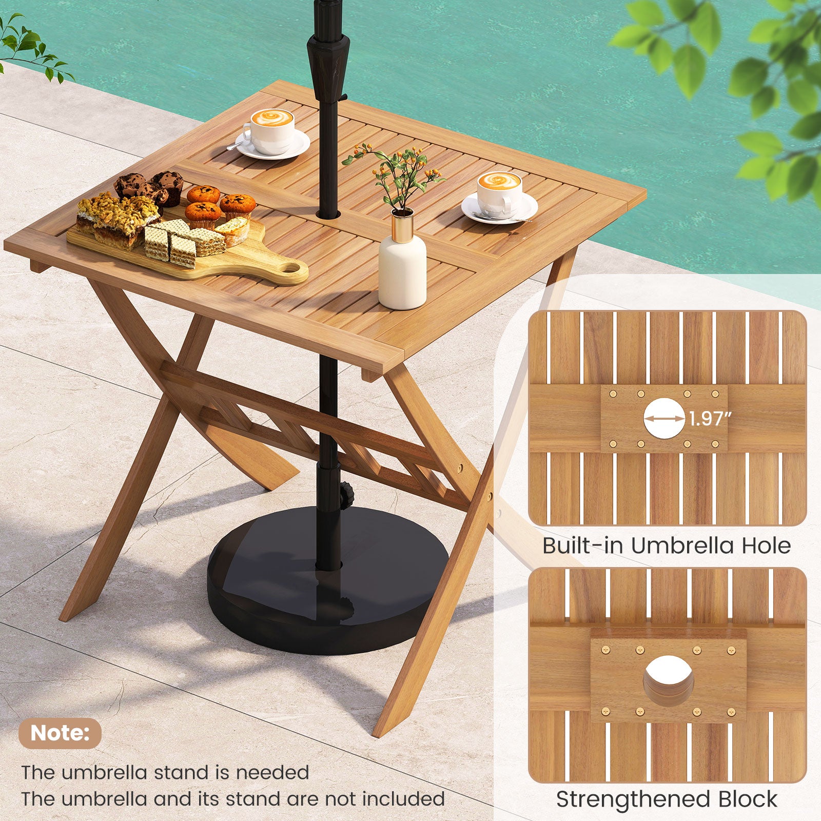 36-Inch Acacia Wood Folding Patio Dining Table, Umbrella Hole, 4 Person Patio Dining Tables at Gallery Canada