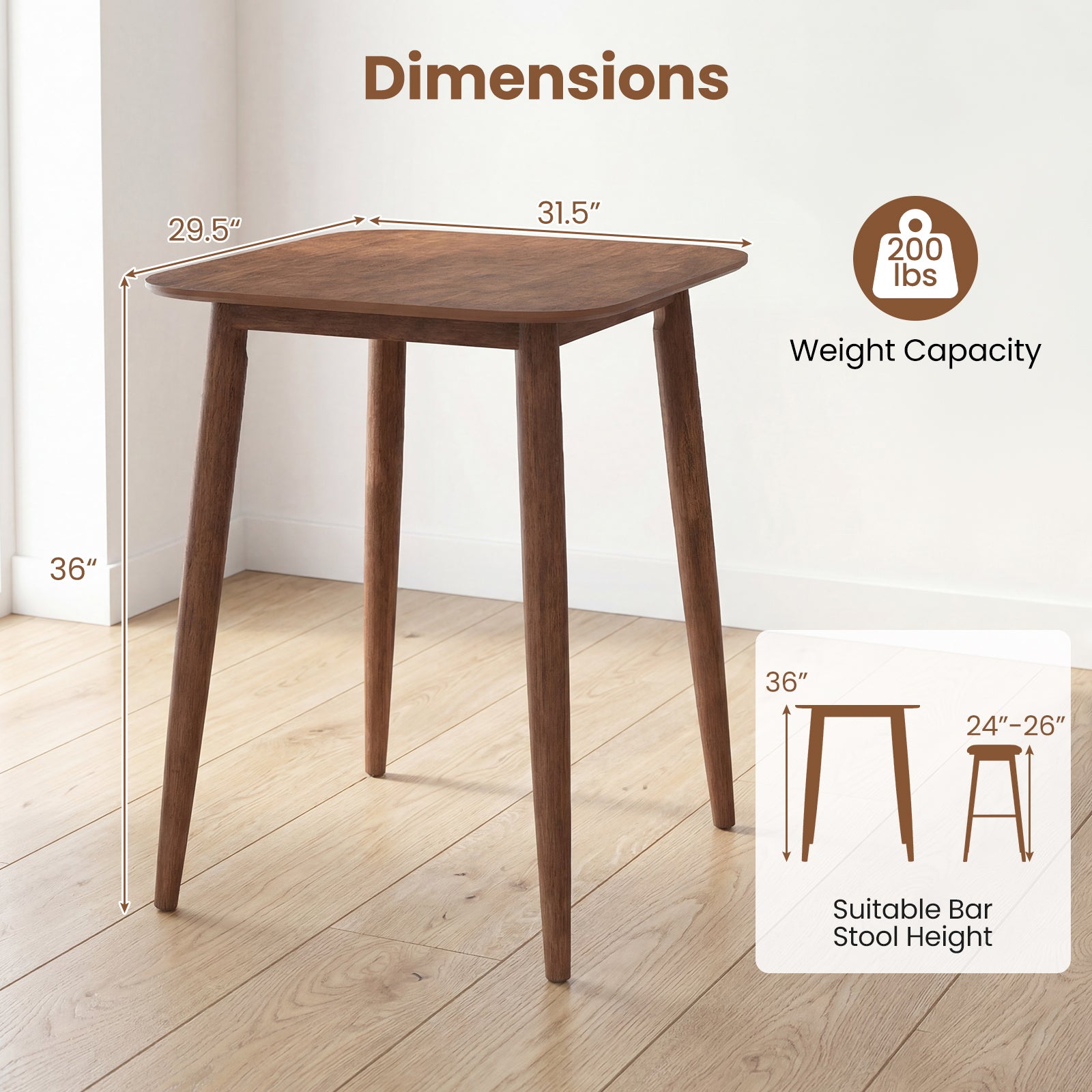 36 Inch Counter Height Bar Table, Solid Rubber Wood Legs, Walnut Bar Tables at Gallery Canada