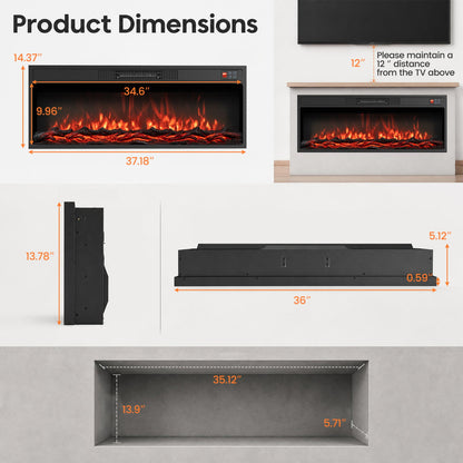 36 Inch Recessed Electric Fireplace, Adjustable Flame, Colors