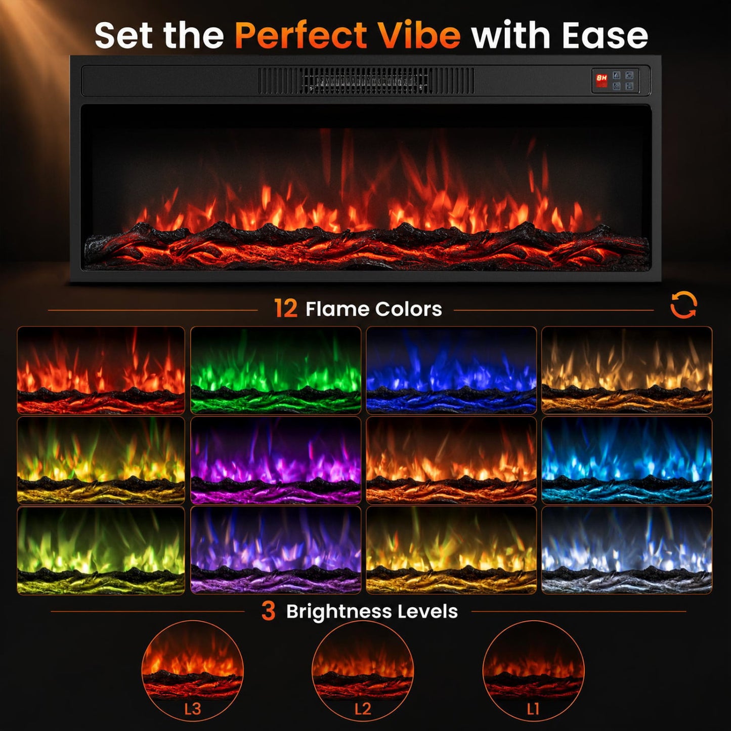 36 Inch Recessed Electric Fireplace, Adjustable Flame, Colors