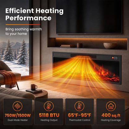36 Inch Recessed Electric Fireplace, Adjustable Flame, Colors