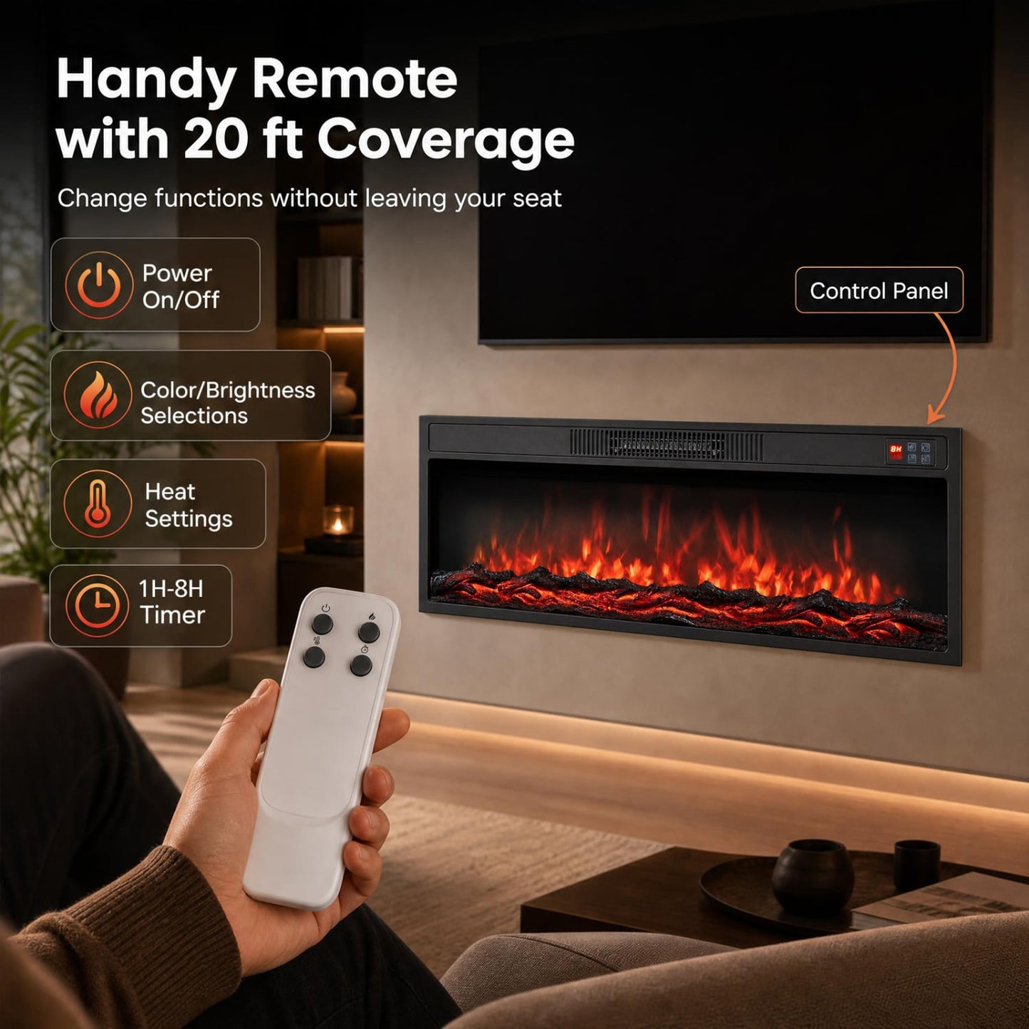 36 Inch Recessed Electric Fireplace, Adjustable Flame, Colors