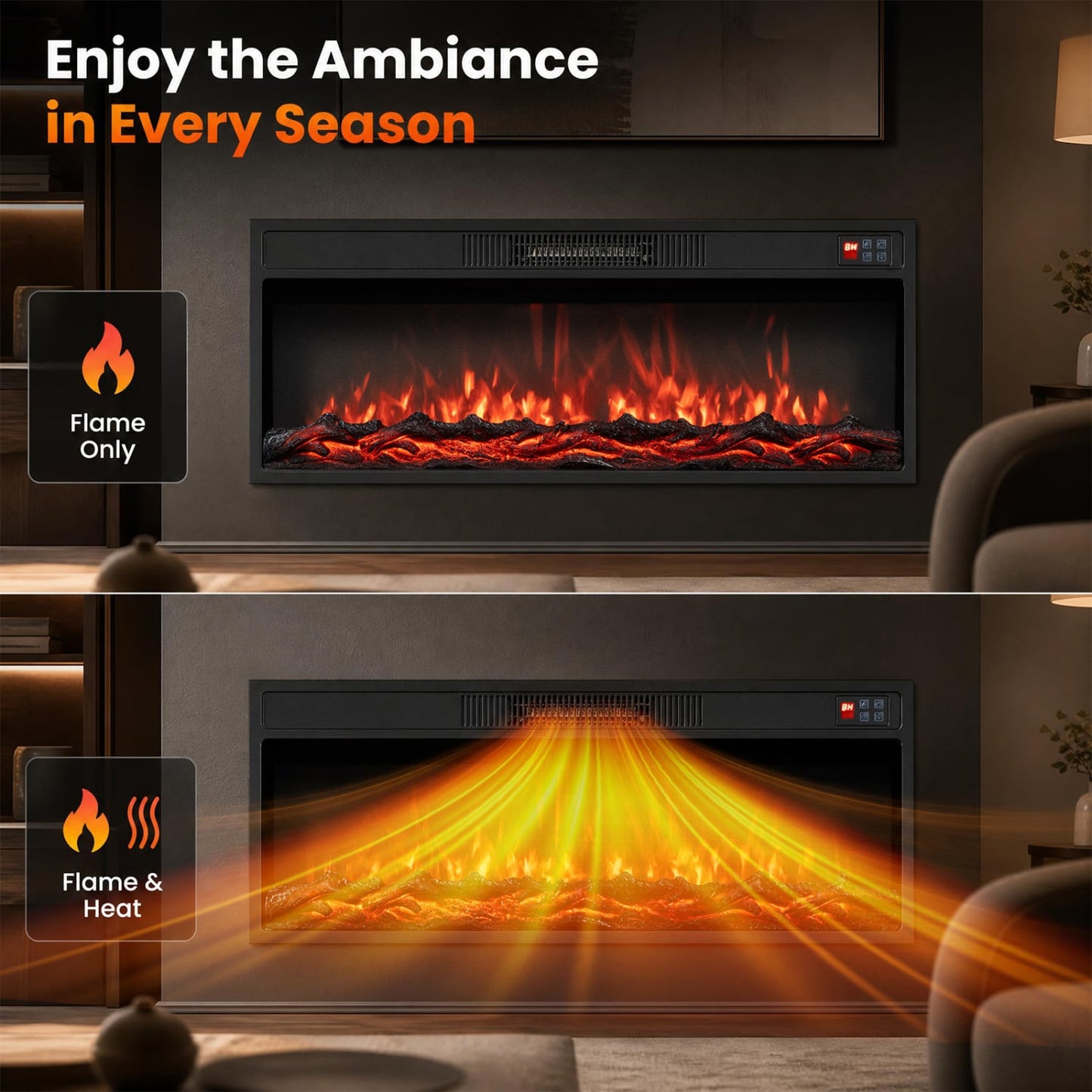 36 Inch Recessed Electric Fireplace, Adjustable Flame, Colors