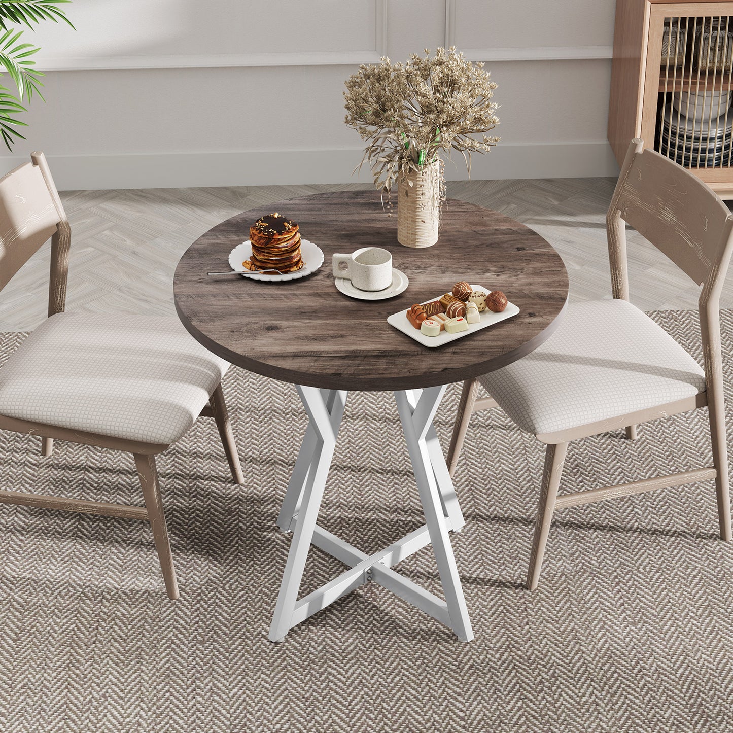 36 Inch Round Dining Table, Metal Pedestal Base, Natural Dining Tables at Gallery Canada