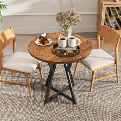 36 Inch Round Dining Table with Metal Pedestal Base, Rustic Brown