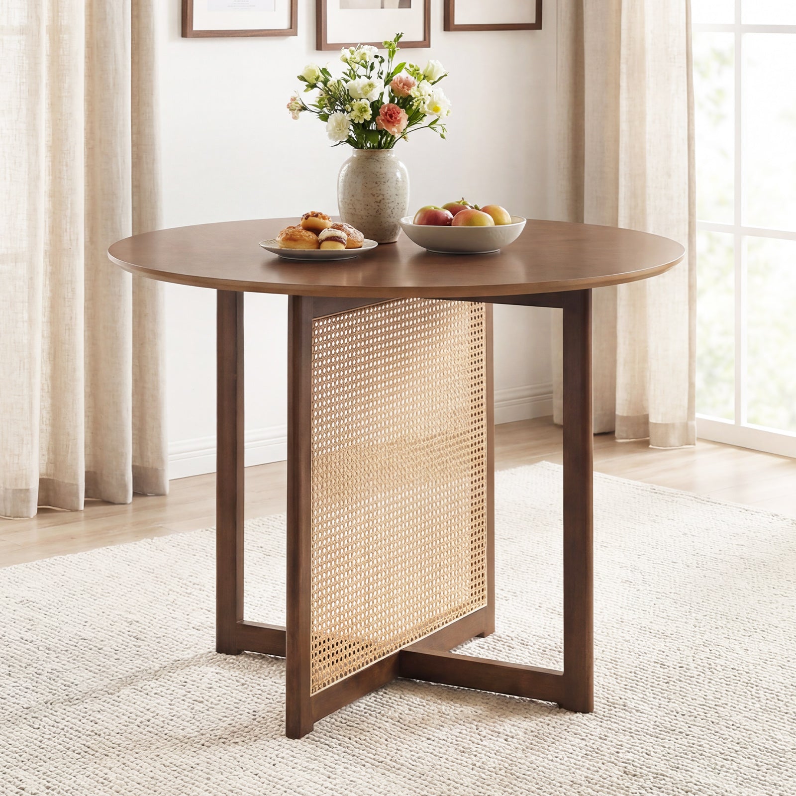 37.5 Inch Round Dining Table, Cross Pedestal Base, Walnut Dining Tables at Gallery Canada