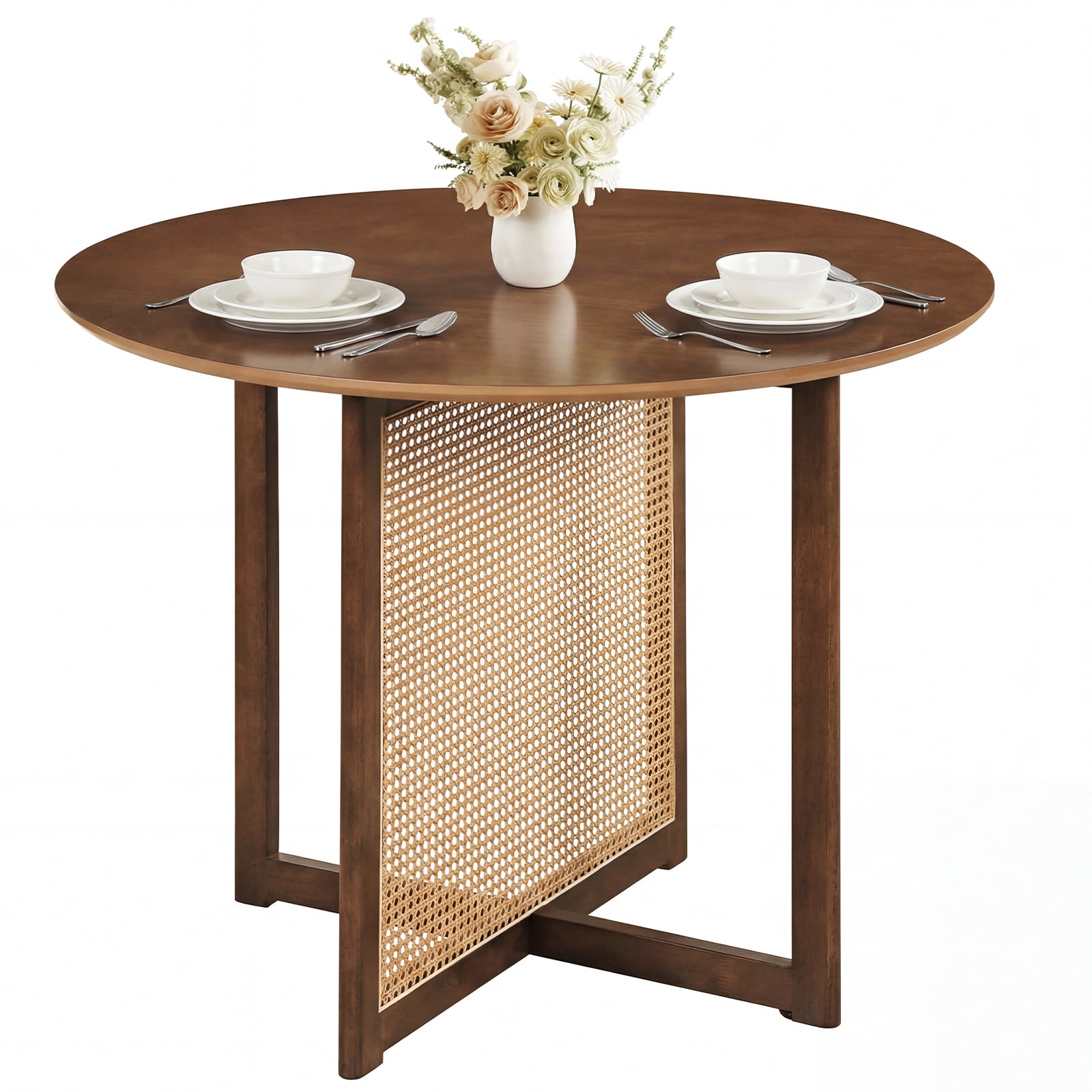 37.5 Inch Round Dining Table, Cross Pedestal Base, Walnut Dining Tables at Gallery Canada