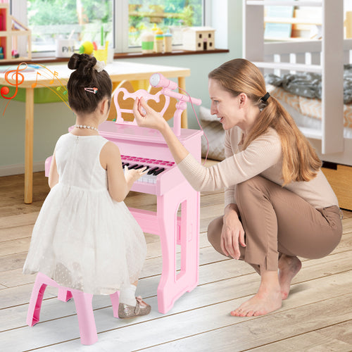 37 Keys Music Piano with Microphone Kids Piano Keyboard with Detachable Music Stand, Pink