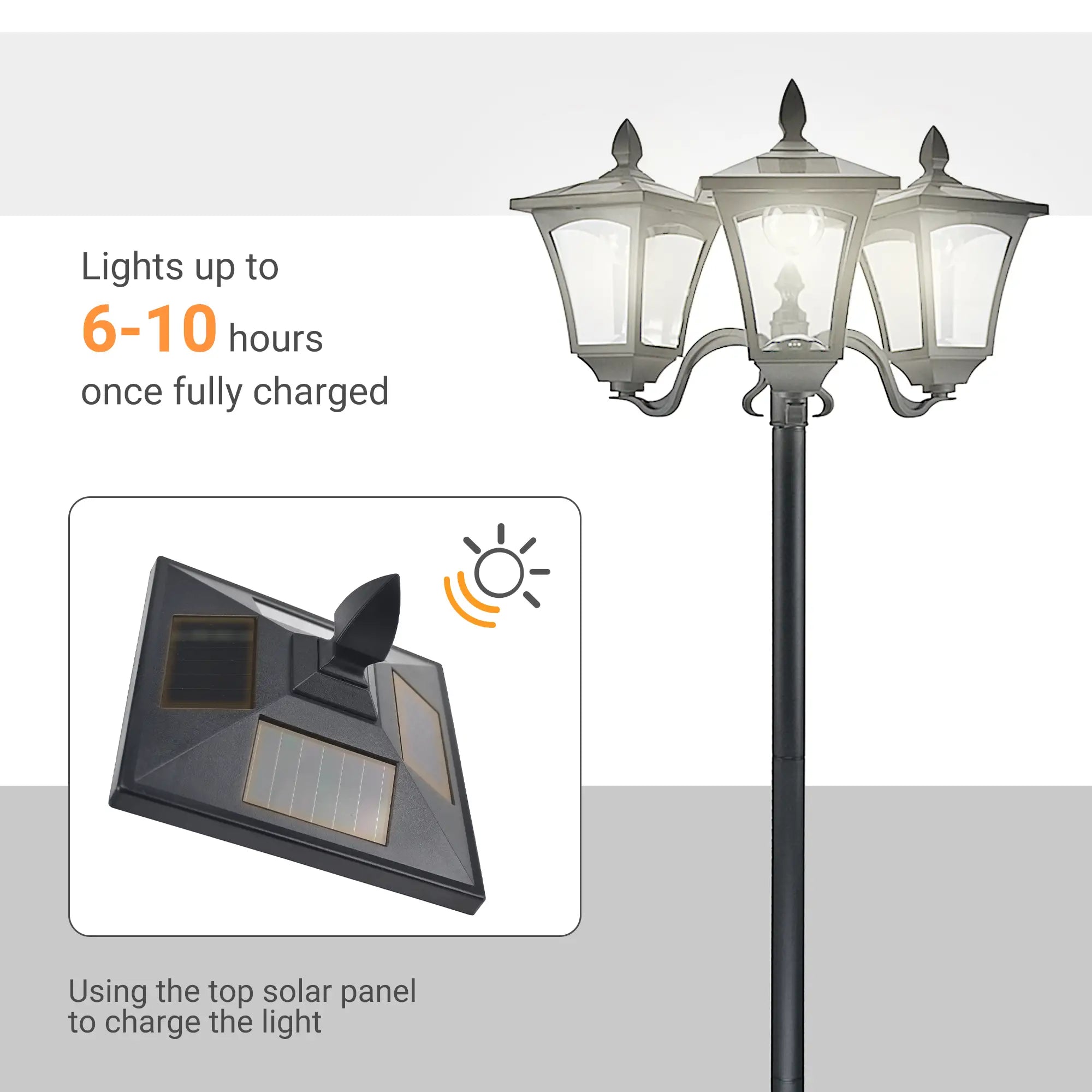 Triple Solar Lamp Post, LED Street Light, Vintage Outdoor, Waterproof, 72