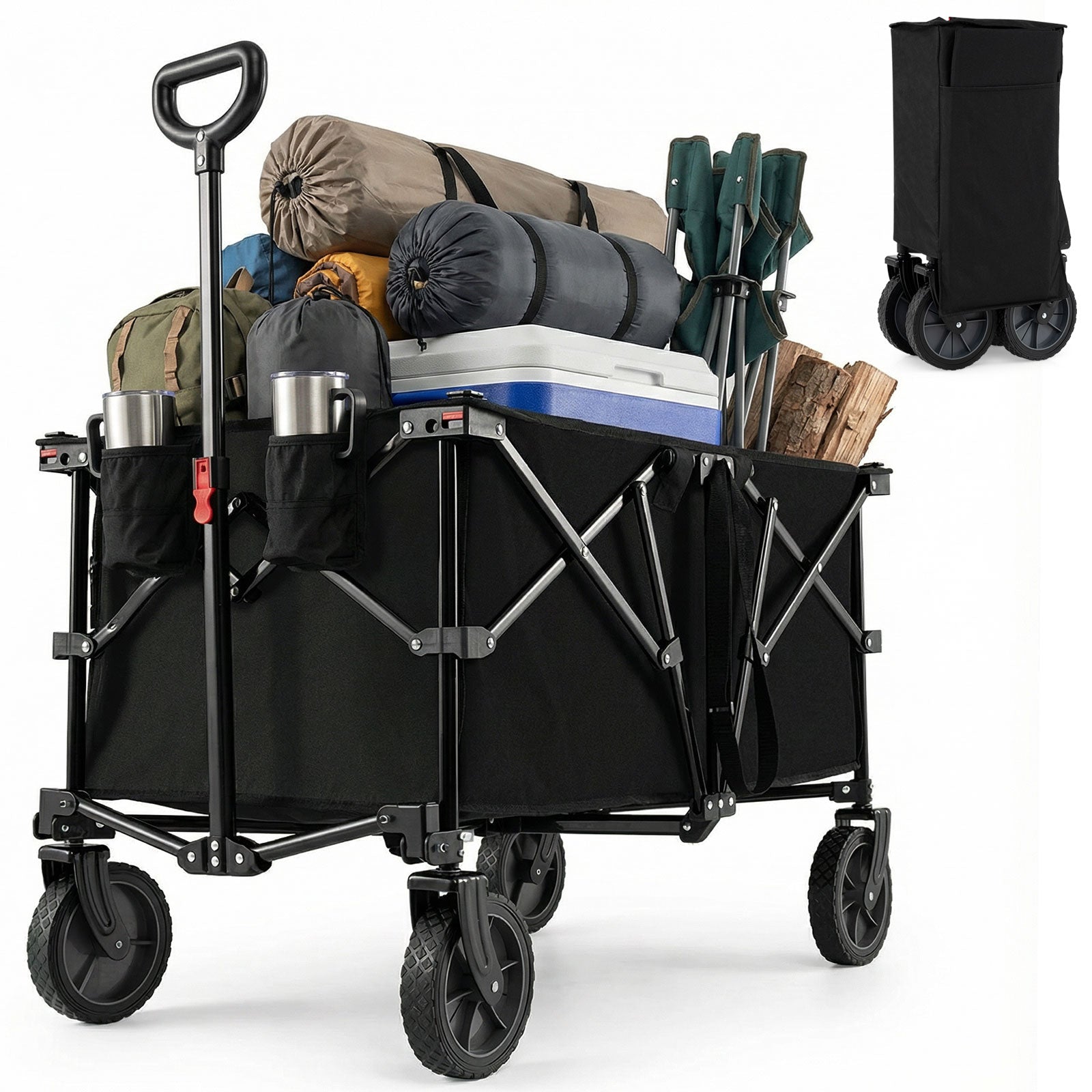 38 Inch 400 LBS Heavy-Duty Collapsible Wagon Cart with Adjustable Handle for Camping Garden, Black Garden Carts at Gallery Canada