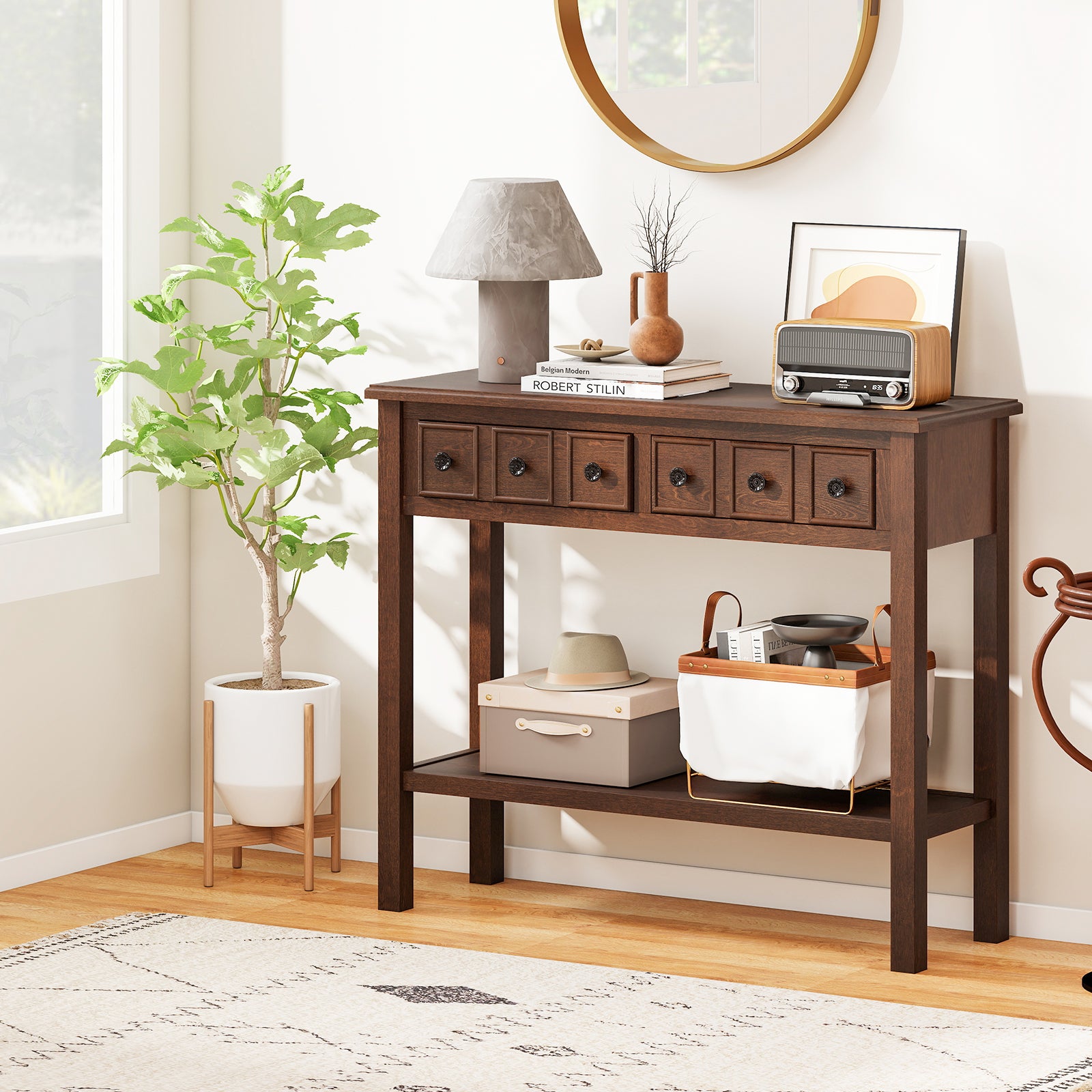 38 Inch Rustic Console Table, 2 Drawers, Open Shelf, Espresso Console Tables at Gallery Canada