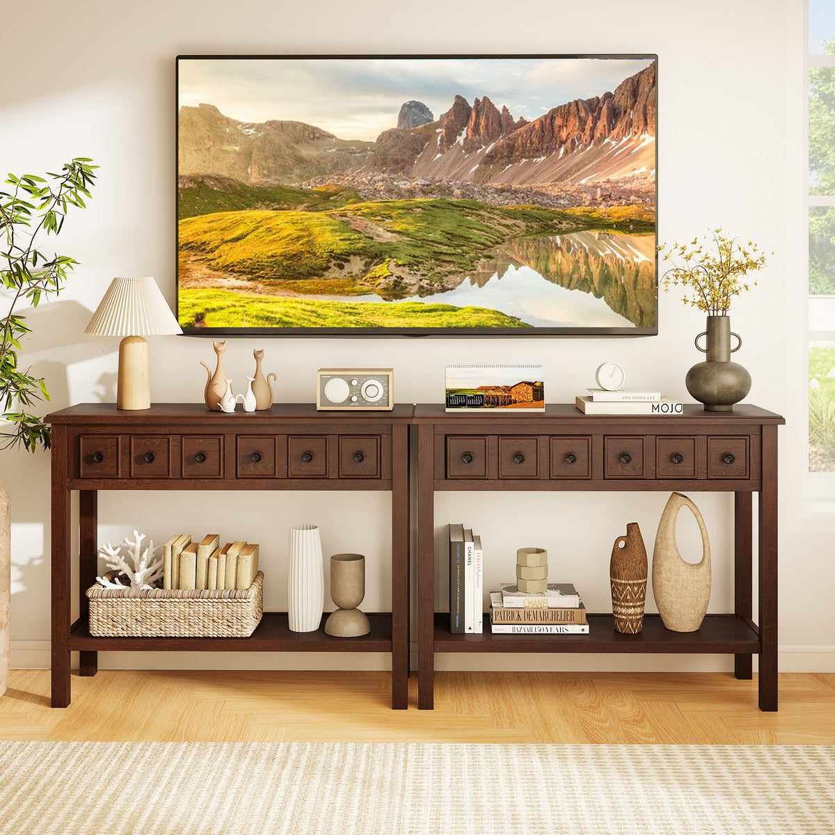 38 Inch Rustic Console Table, 2 Drawers, Open Shelf, Espresso Console Tables at Gallery Canada