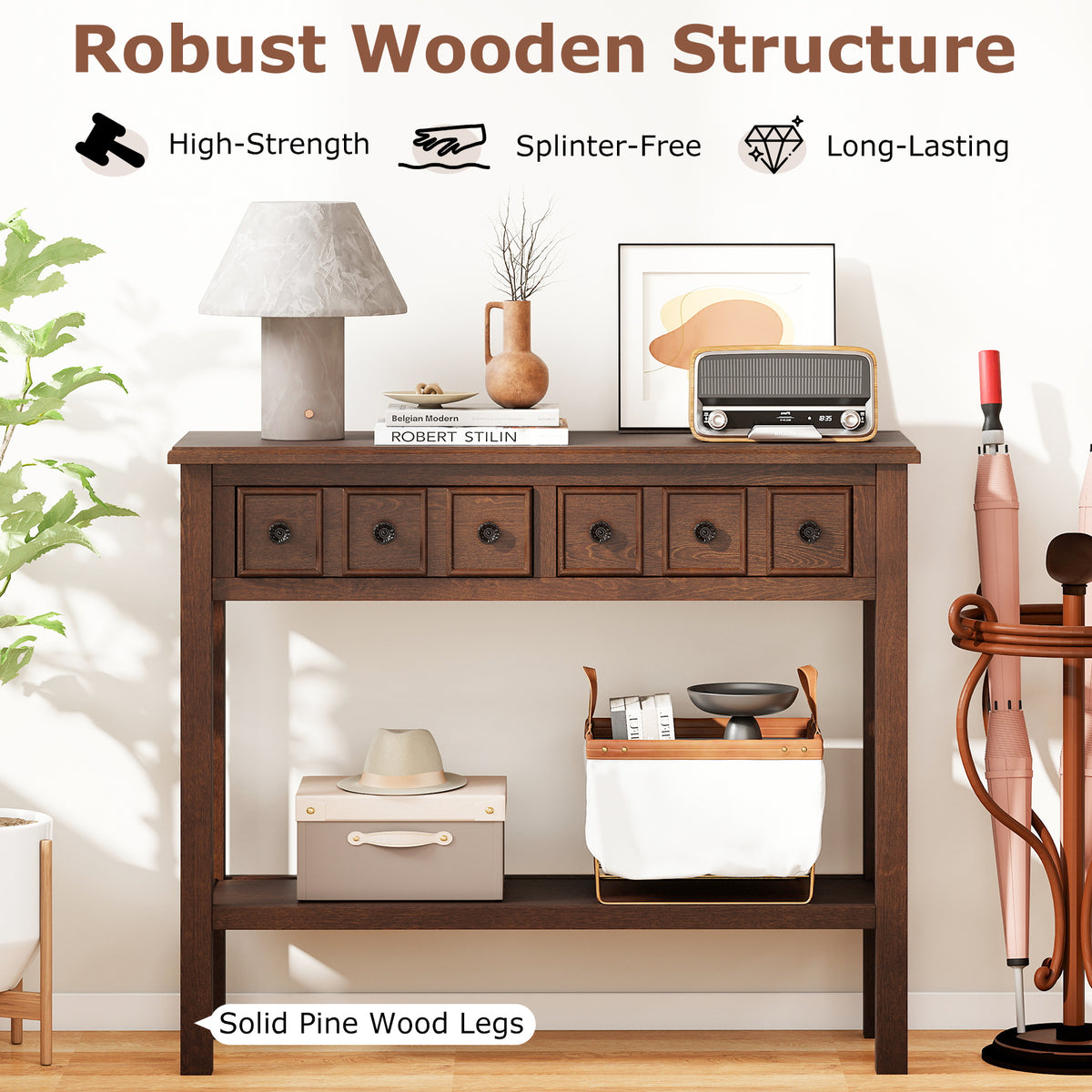 38 Inch Rustic Console Table, 2 Drawers, Open Shelf, Espresso Console Tables at Gallery Canada