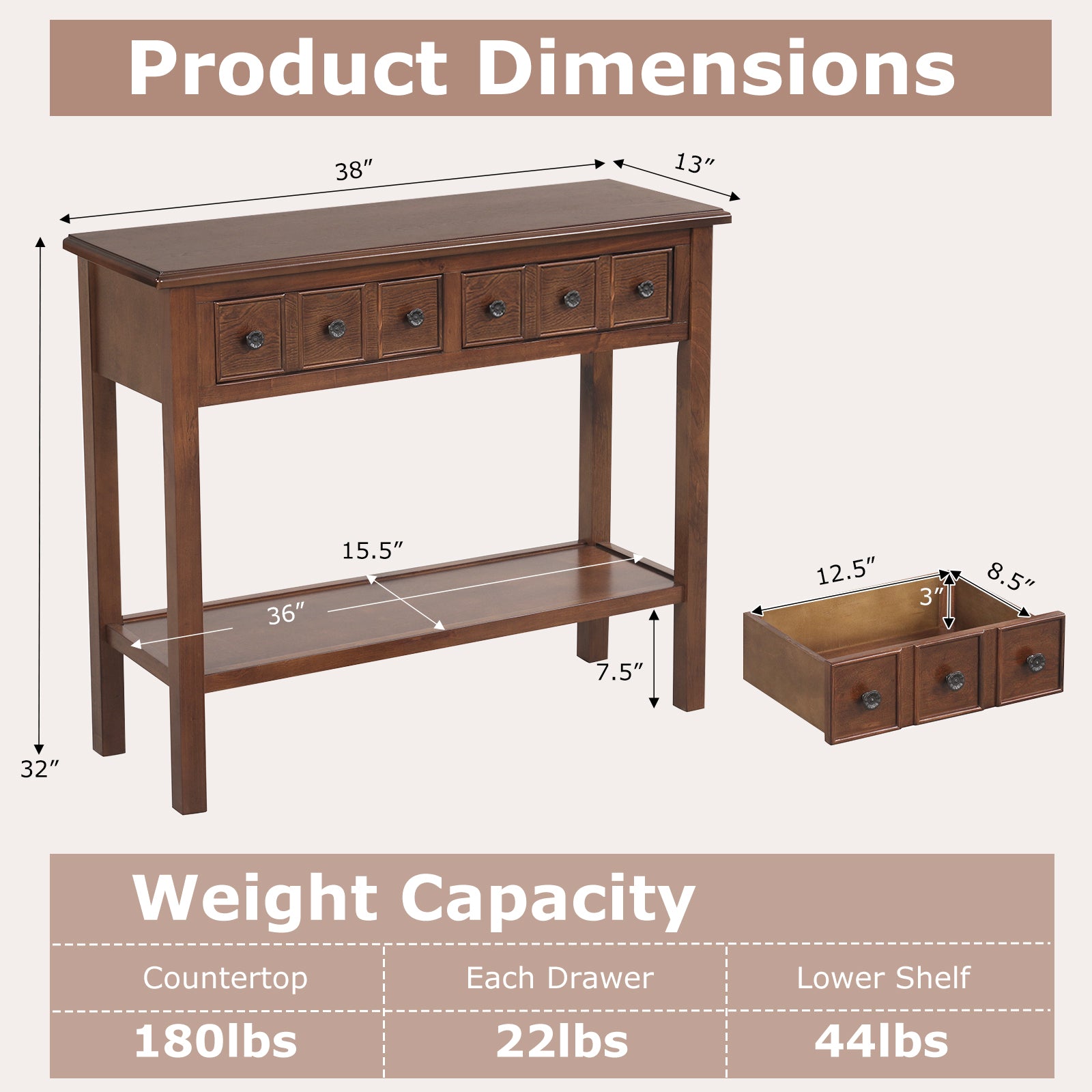 38 Inch Rustic Console Table, 2 Drawers, Open Shelf, Espresso Console Tables at Gallery Canada