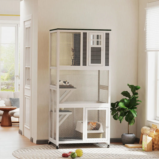 74" Wooden Outdoor Cat House, Weatherproof, Wheeled, High Weight Capacity, White Outdoor Cat Enclosures White, dark grey, green at Gallery Canada