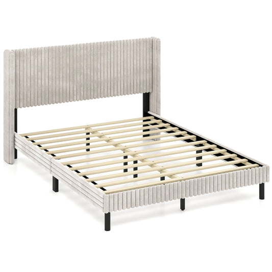 Queen Size Velvet Bed Frame, Vertical Channel Tufted Wingback Headboard, White Simple Bed Frame White at Gallery Canada