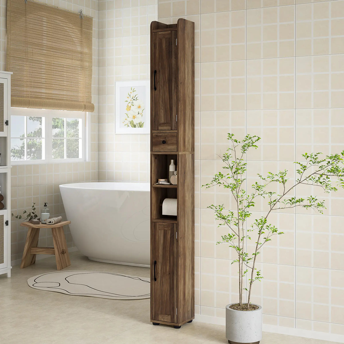 Narrow Bathroom Cabinet, Tall Storage with Barn Doors, Drawer, Adjustable Shelves, Wood Grain, Brown Bathroom Cabinets at Gallery Canada