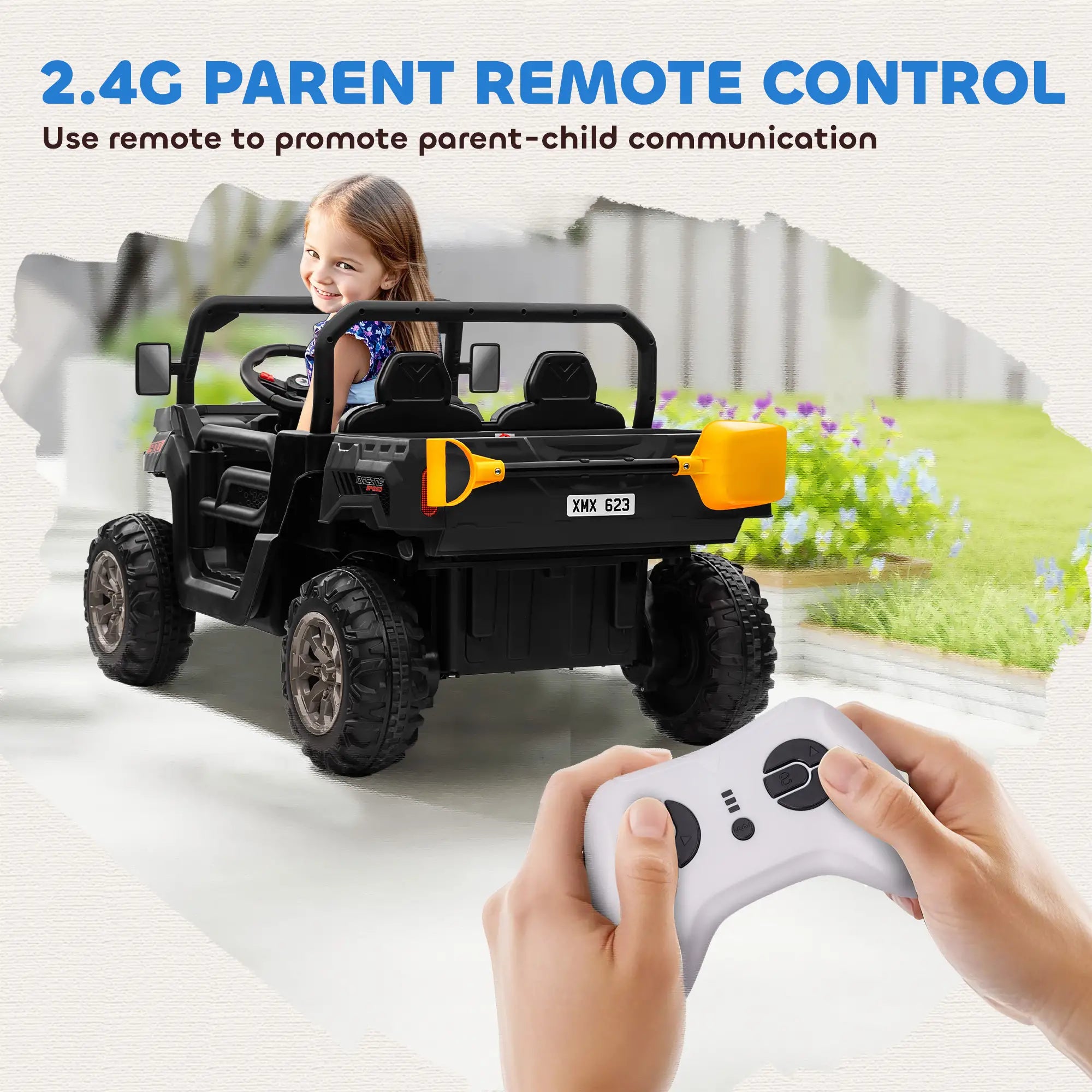 12V Ride On Car, Two-Seater, Electric Bucket, Shovel, Remote Control, Black Electric Toy Cars at Gallery Canada