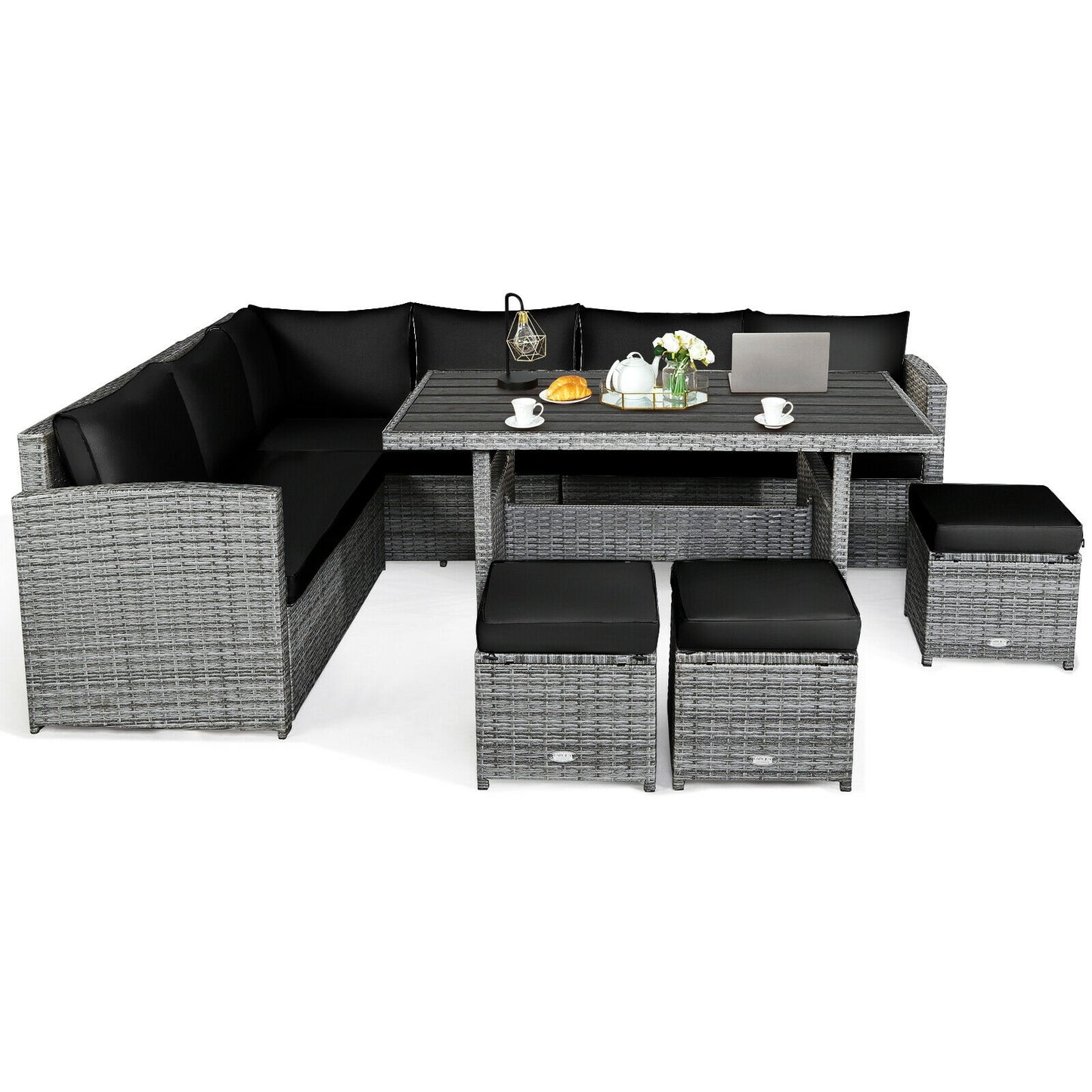 7-Piece Patio Rattan Dining Set, Sectional Sofa, Wicker Ottoman, Black Outdoor Sectionals at Gallery Canada