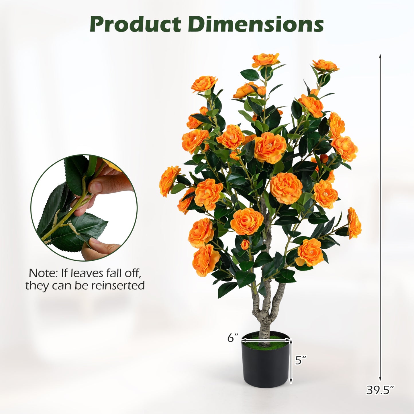 39.5" Artificial Camellia Tree, Blossoms, Cement Pot, Orange Faux Plants at Gallery Canada