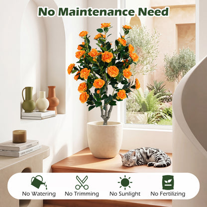 39.5" Artificial Camellia Tree, Blossoms, Cement Pot, Orange Faux Plants at Gallery Canada