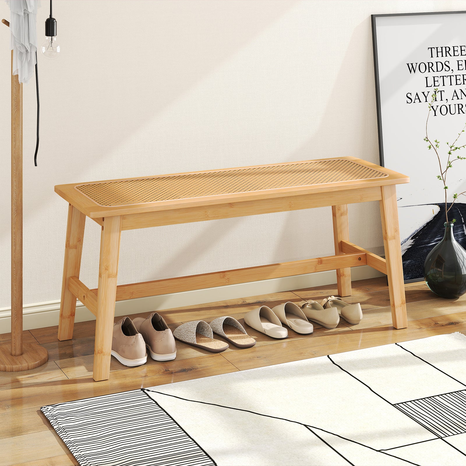 Bamboo Dining Bench, 39.5 Inch, Handwoven Rattan Seat, Indoor Outdoor, Natural Outdoor Benches at Gallery Canada