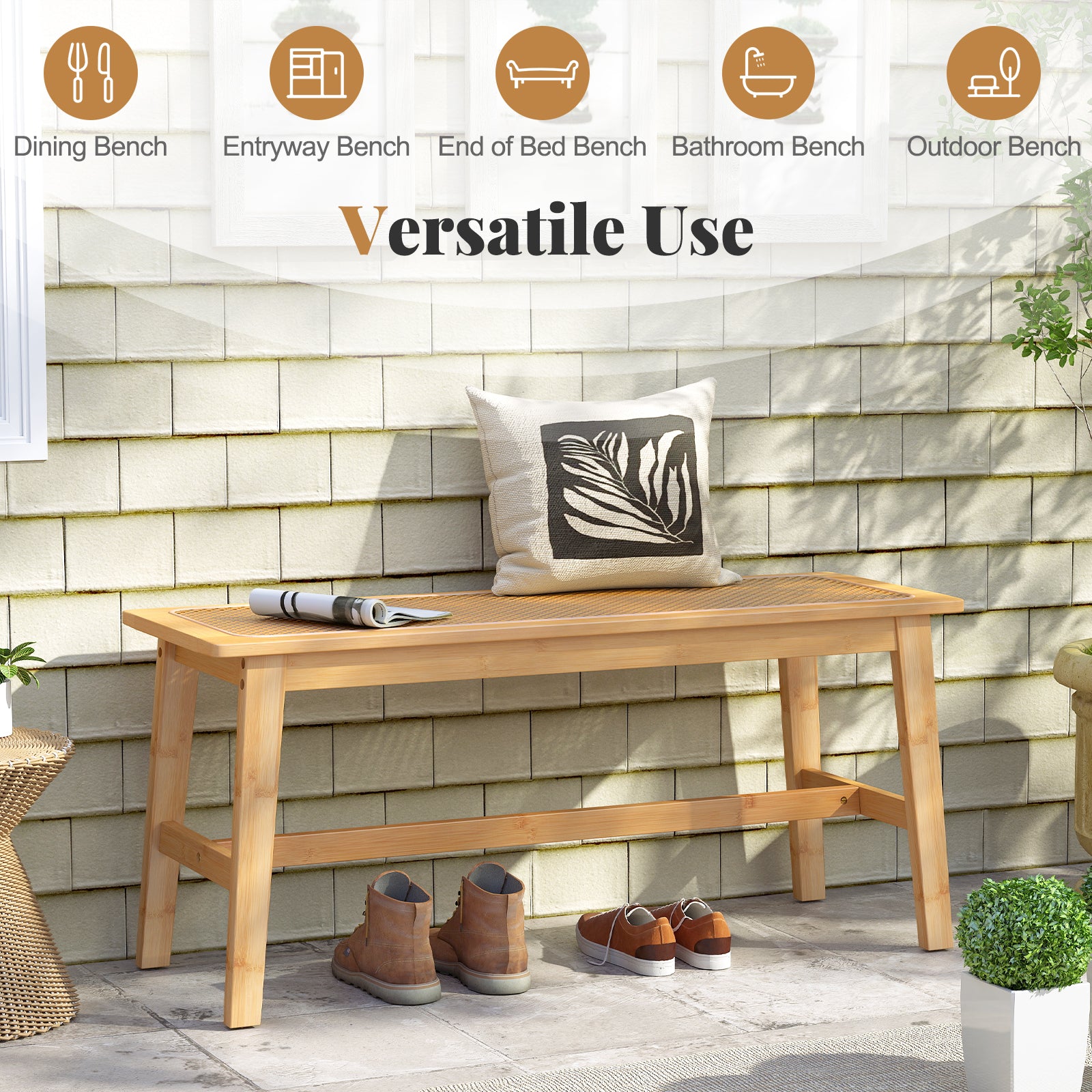 Bamboo Dining Bench, 39.5 Inch, Handwoven Rattan Seat, Indoor Outdoor, Natural Outdoor Benches at Gallery Canada