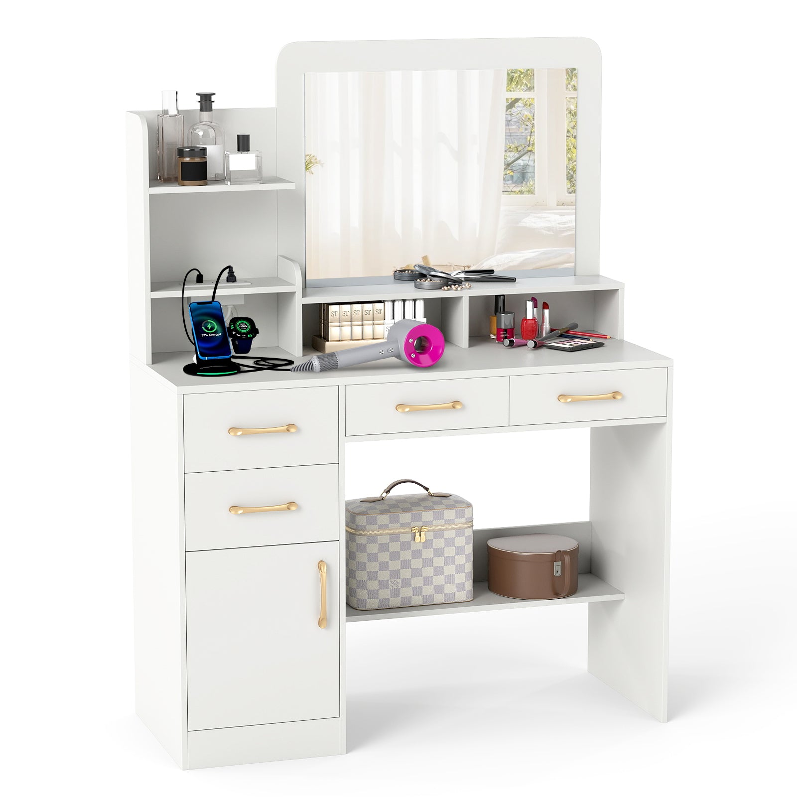 39.5 Inch Vanity Desk With Power Outlets And Mirror, White Kids Vanities White at Gallery Canada