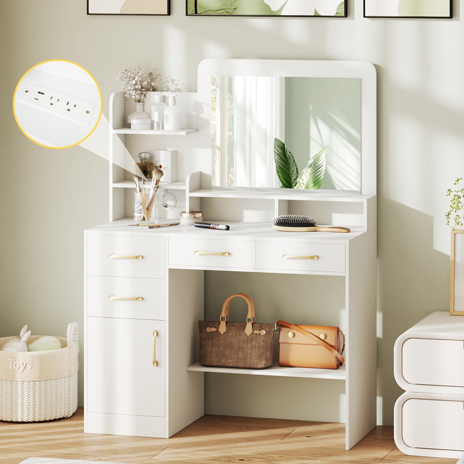 39.5 Inch Vanity Desk With Power Outlets And Mirror, White Kids Vanities at Gallery Canada