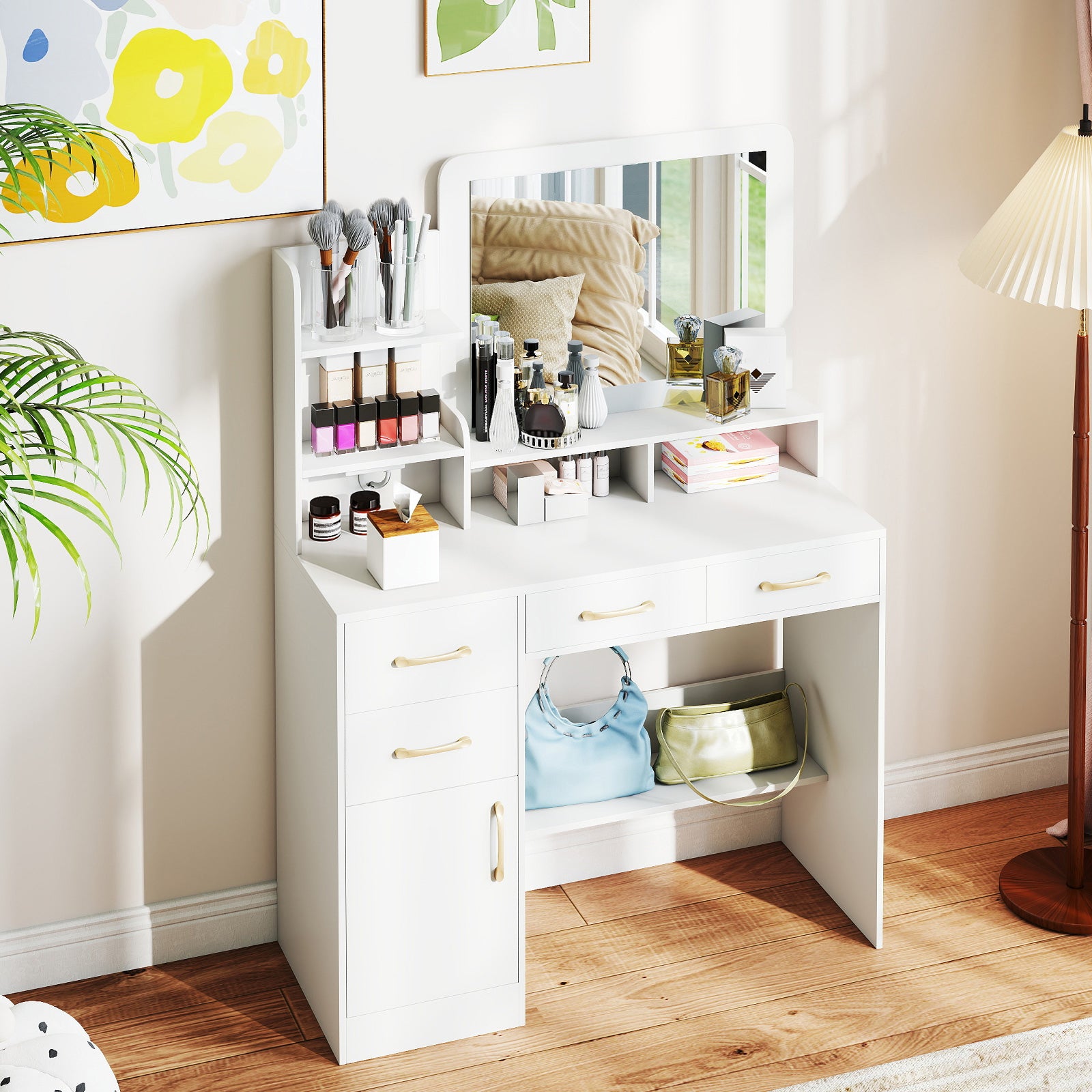 39.5 Inch Vanity Desk With Power Outlets And Mirror, White Kids Vanities at Gallery Canada