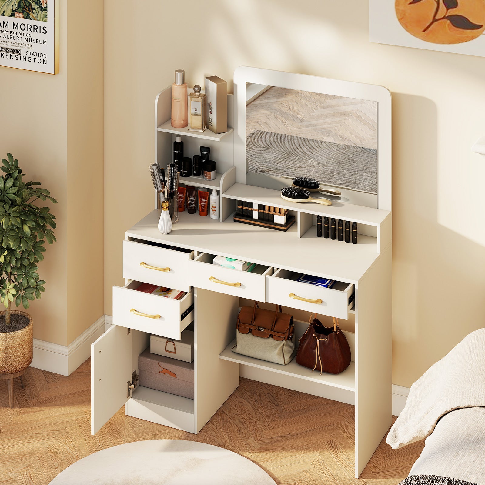 39.5 Inch Vanity Desk With Power Outlets And Mirror, White Kids Vanities at Gallery Canada